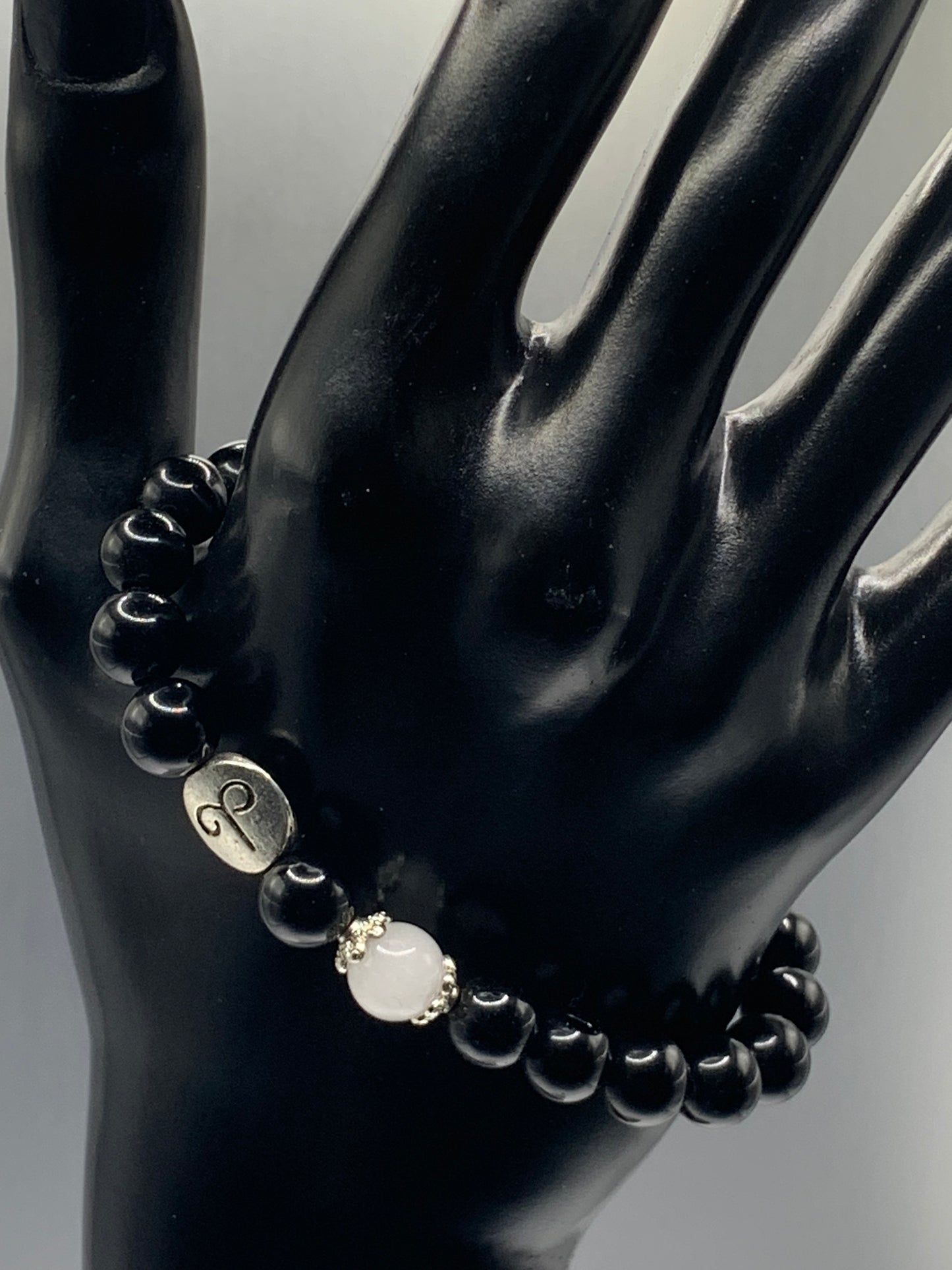 Aries Zodiac black obsidian with white chalcedony semi precious stone/crystal elastic beaded bracelet with silver accents