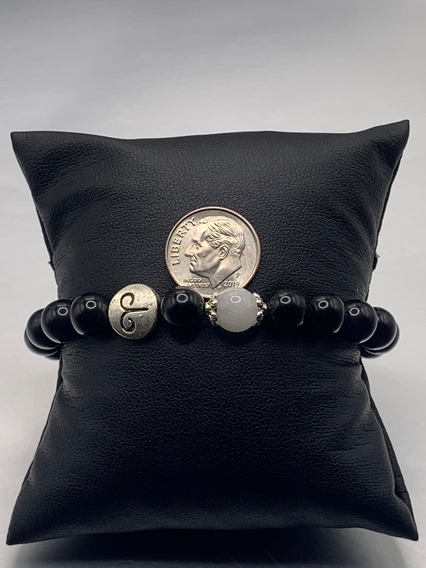 Aries Zodiac black obsidian with white chalcedony semi precious stone/crystal elastic beaded bracelet with silver accents