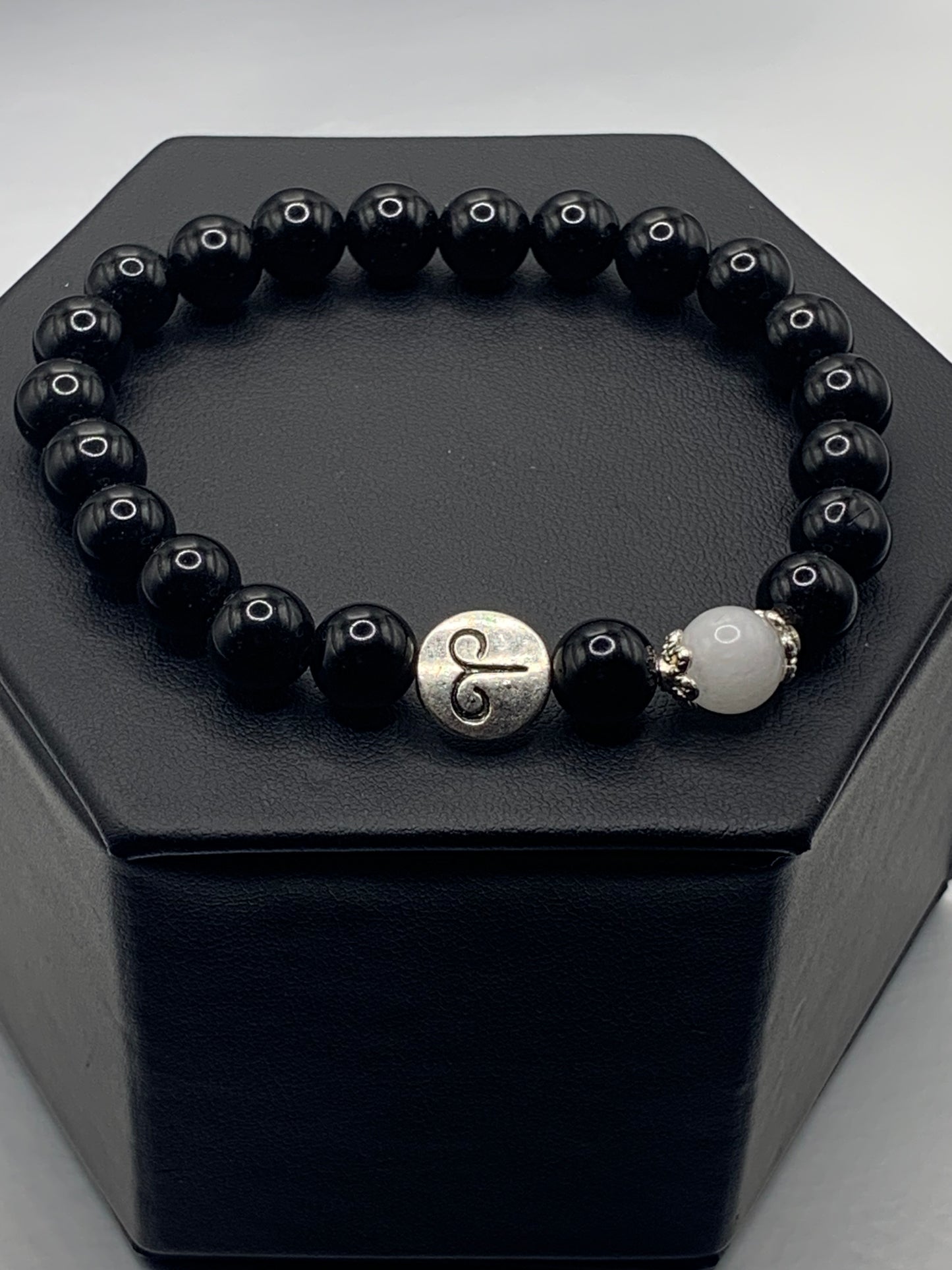 Aries Zodiac black obsidian with white chalcedony semi precious stone/crystal elastic beaded bracelet with silver accents