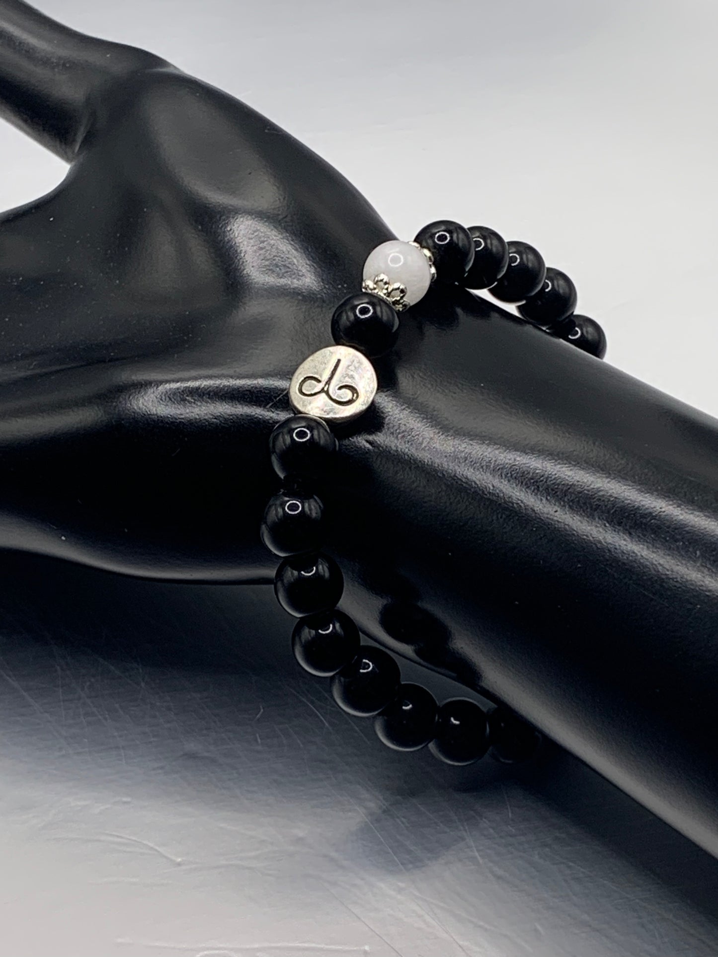 Aries Zodiac black obsidian with white chalcedony semi precious stone/crystal elastic beaded bracelet with silver accents