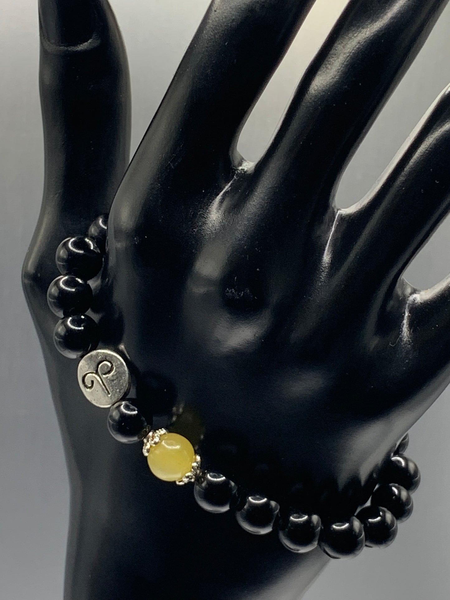 Aries Zodiac black obsidian with yellow agate semi precious stone/crystal elastic beaded bracelet with silver accents