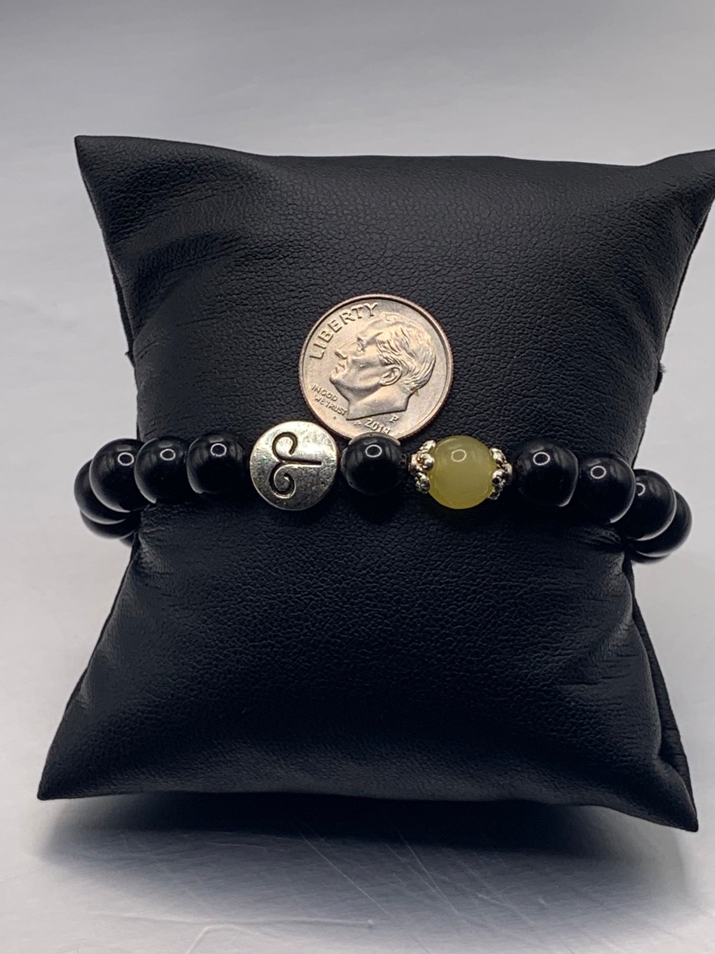 Aries Zodiac black obsidian with yellow agate semi precious stone/crystal elastic beaded bracelet with silver accents