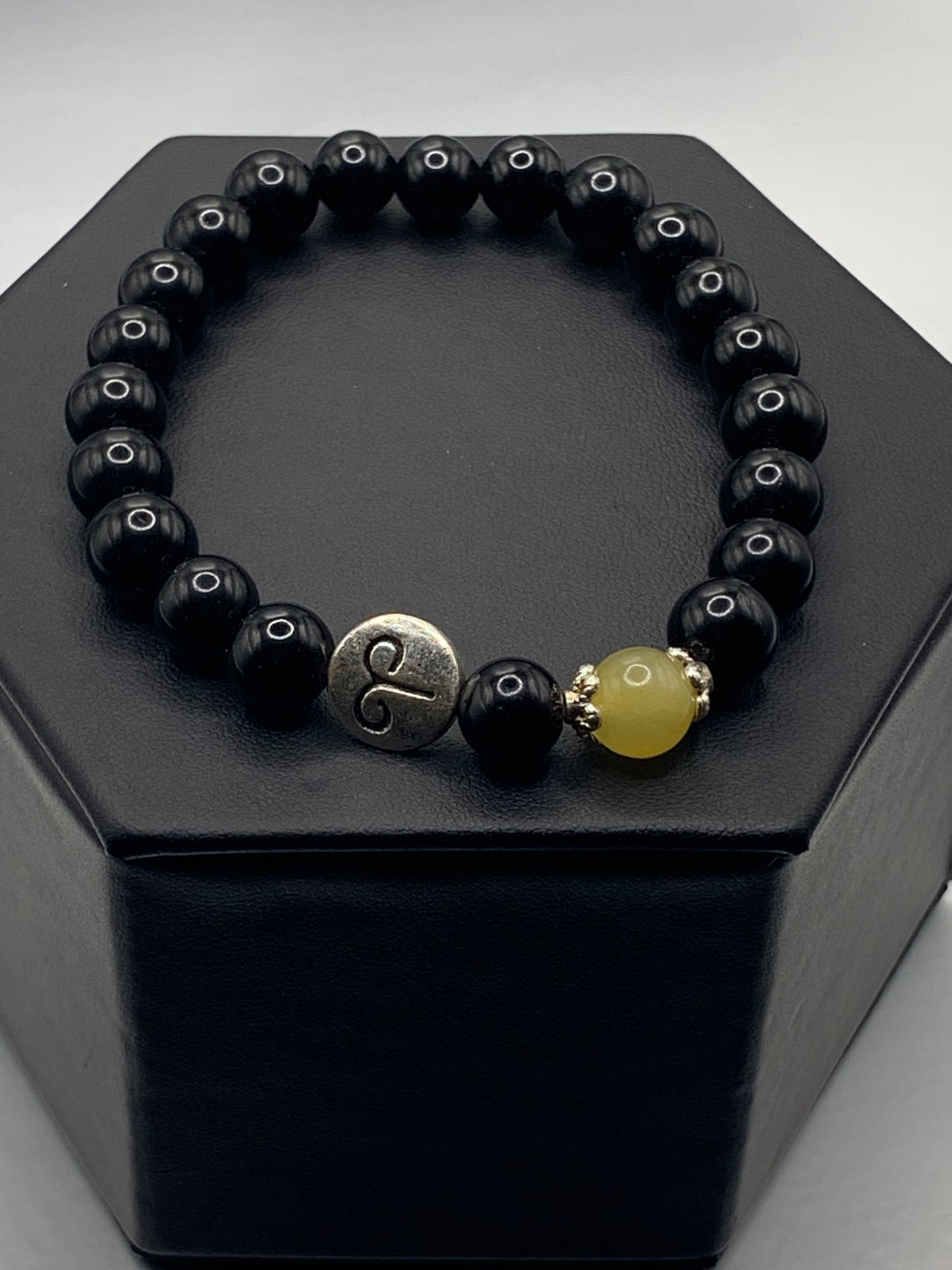 Aries Zodiac black obsidian with yellow agate semi precious stone/crystal elastic beaded bracelet with silver accents