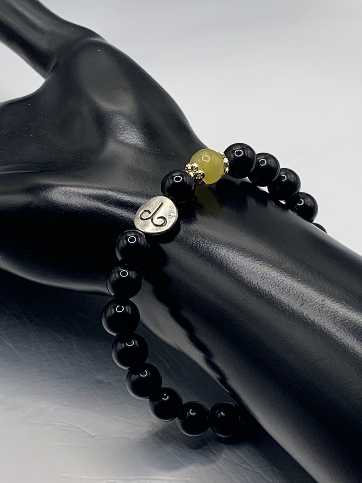 Aries Zodiac black obsidian with yellow agate semi precious stone/crystal elastic beaded bracelet with silver accents
