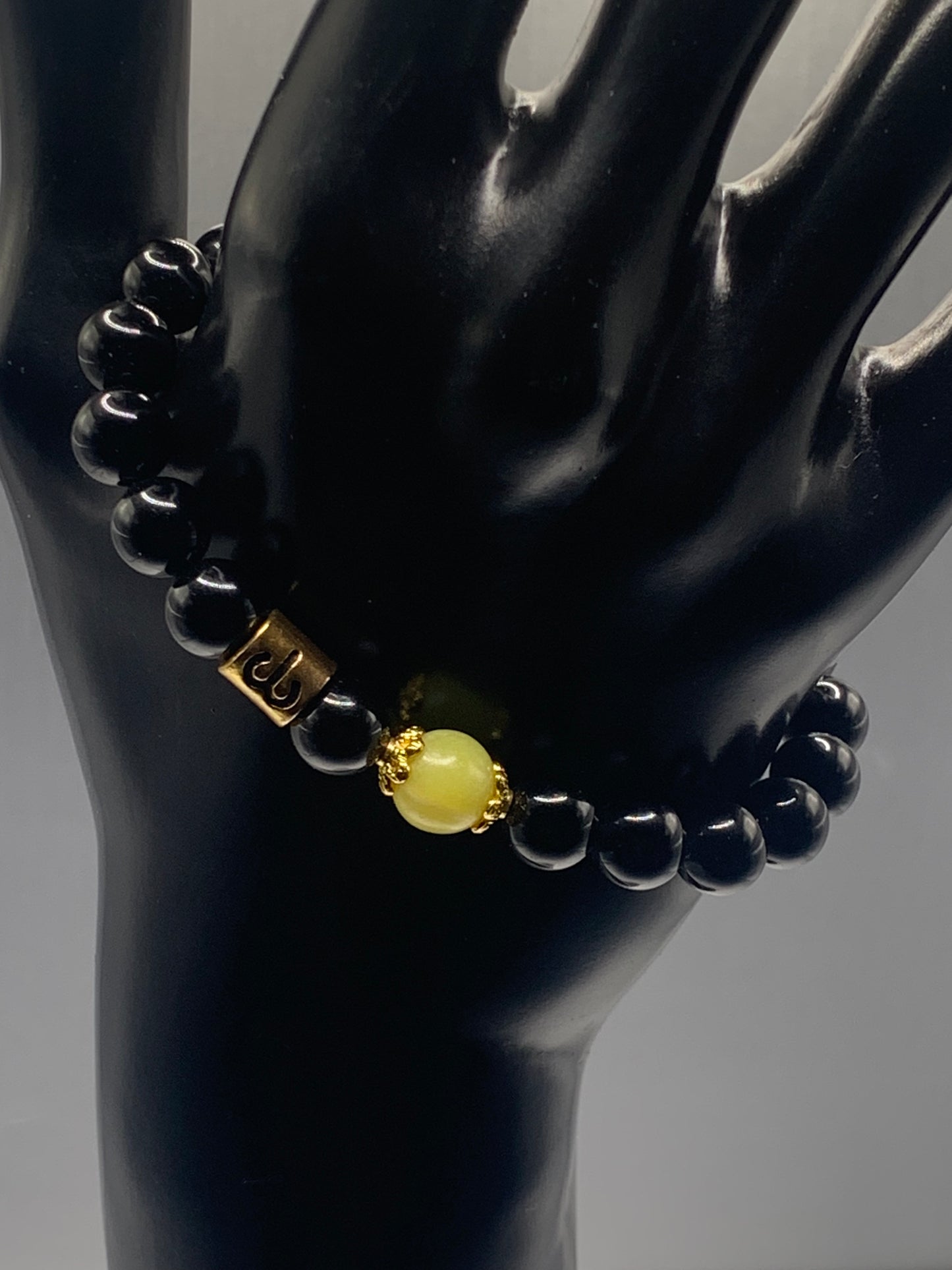 Aries Zodiac black obsidian with yellow jade semi precious stone/crystal elastic beaded bracelet with gold accents