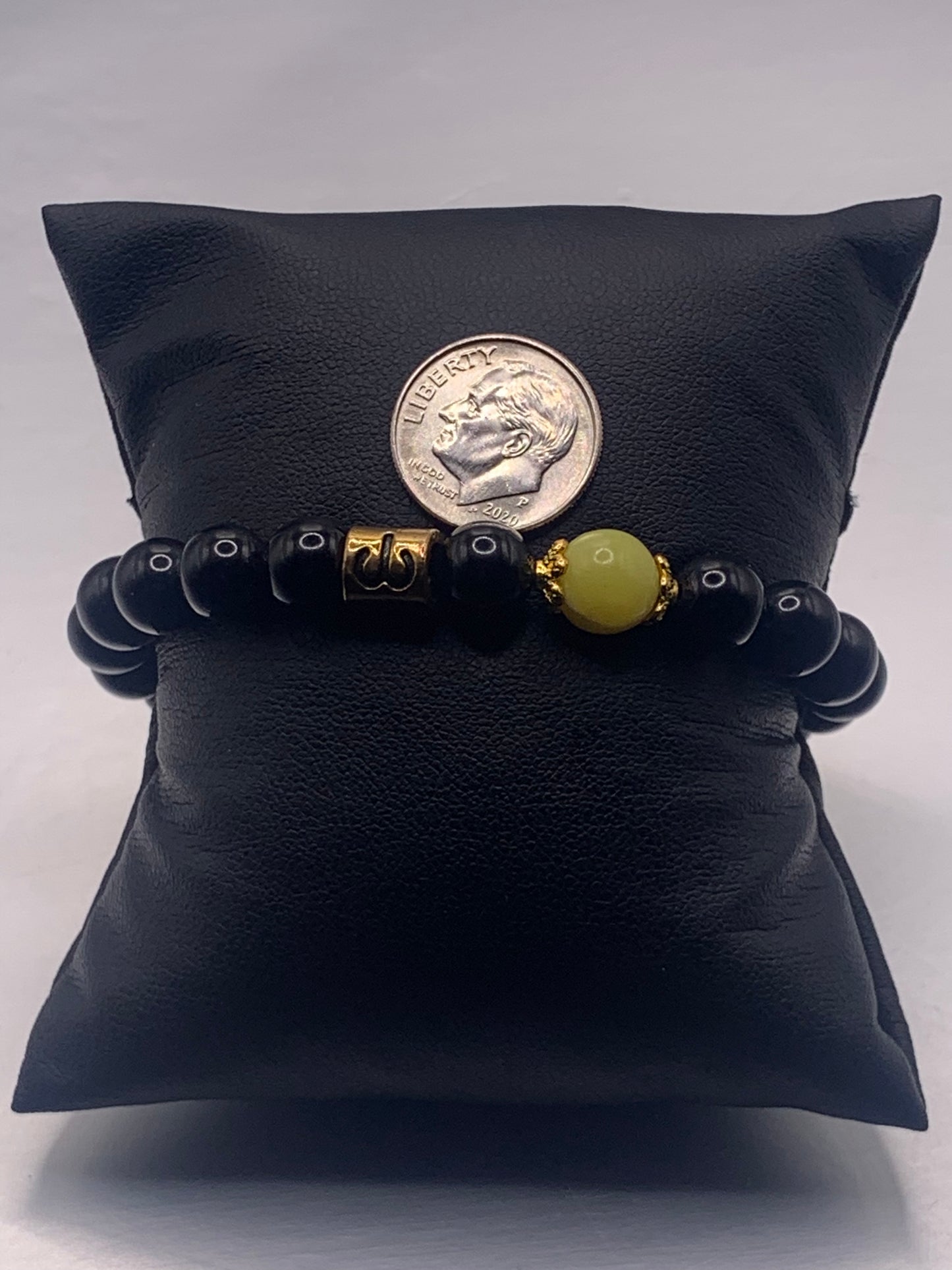 Aries Zodiac black obsidian with yellow jade semi precious stone/crystal elastic beaded bracelet with gold accents