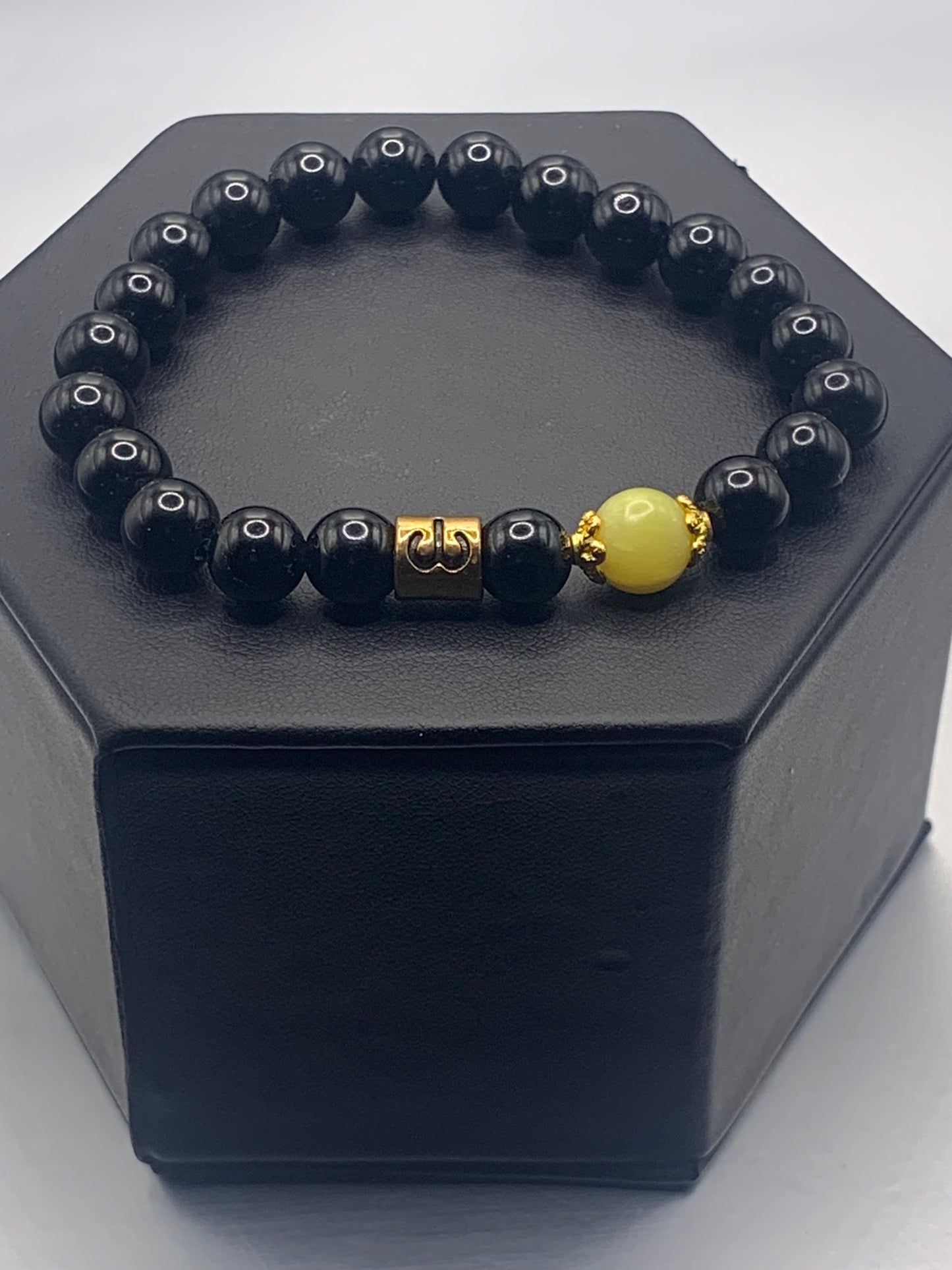 Aries Zodiac black obsidian with yellow jade semi precious stone/crystal elastic beaded bracelet with gold accents