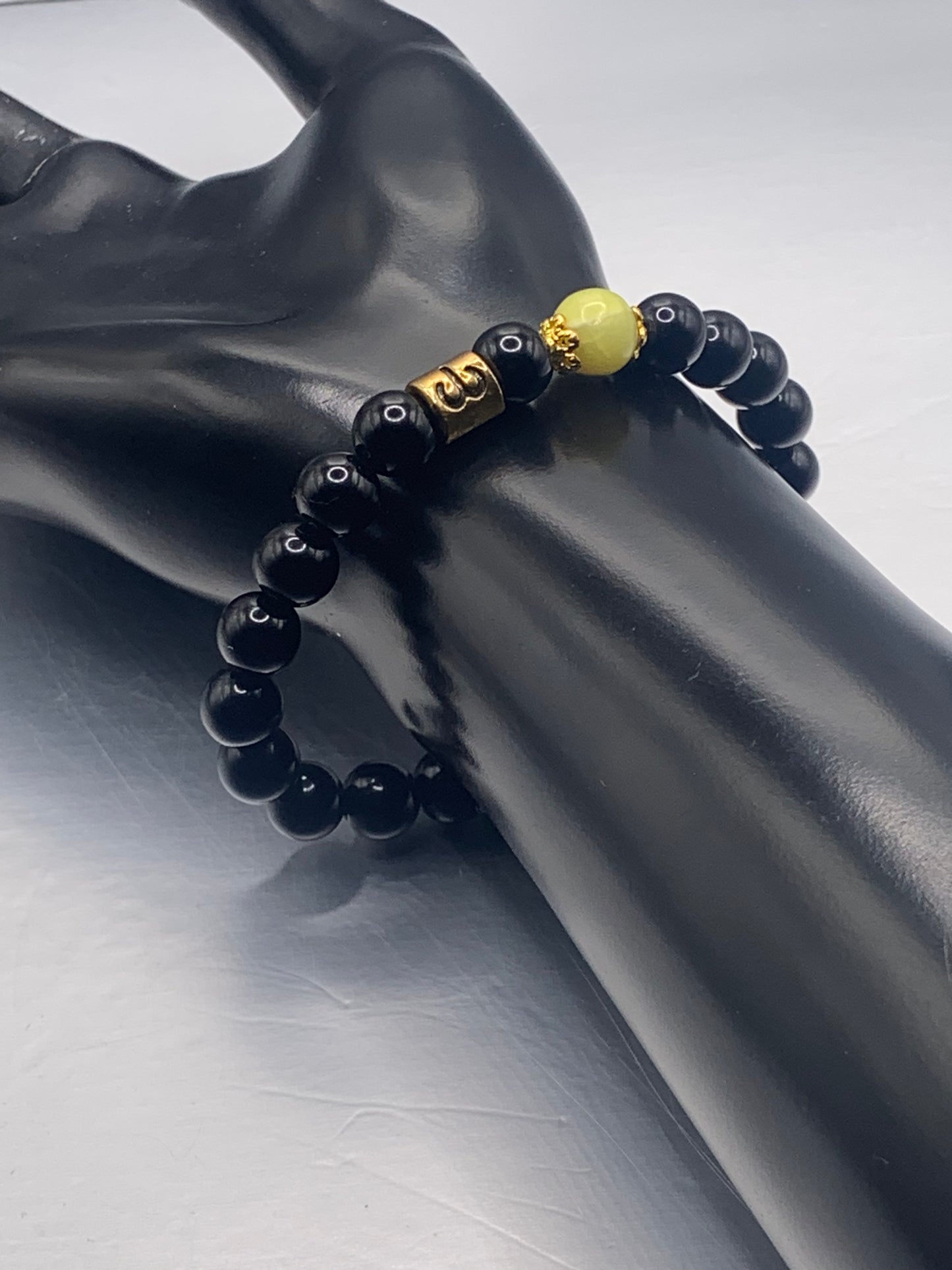 Aries Zodiac black obsidian with yellow jade semi precious stone/crystal elastic beaded bracelet with gold accents