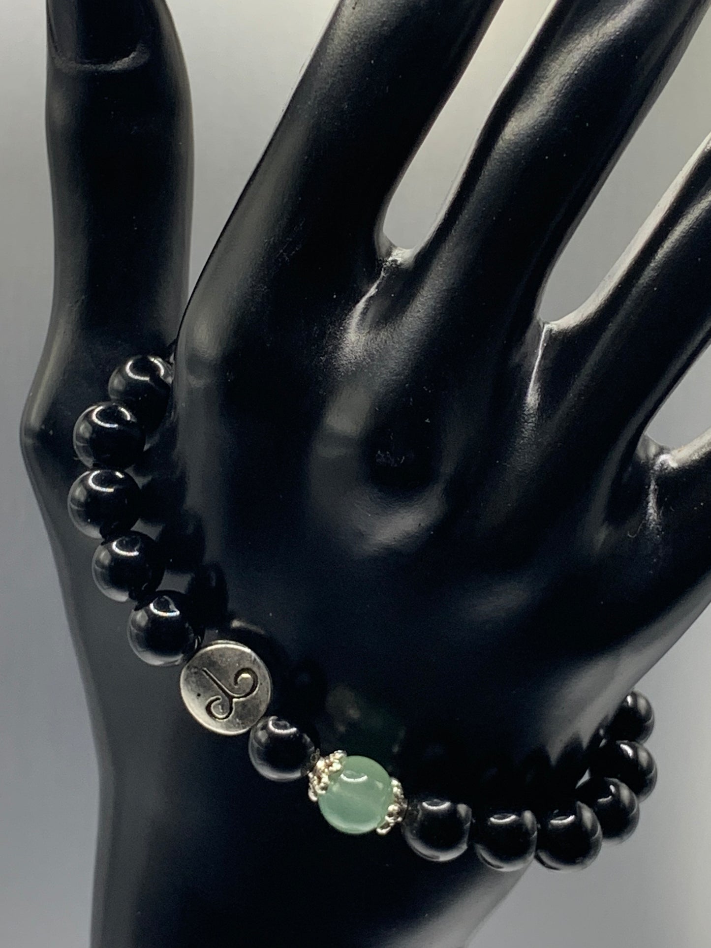 Aries Zodiac black obsidian with green aventurine semi precious stone/crystal elastic beaded bracelet with silver accents