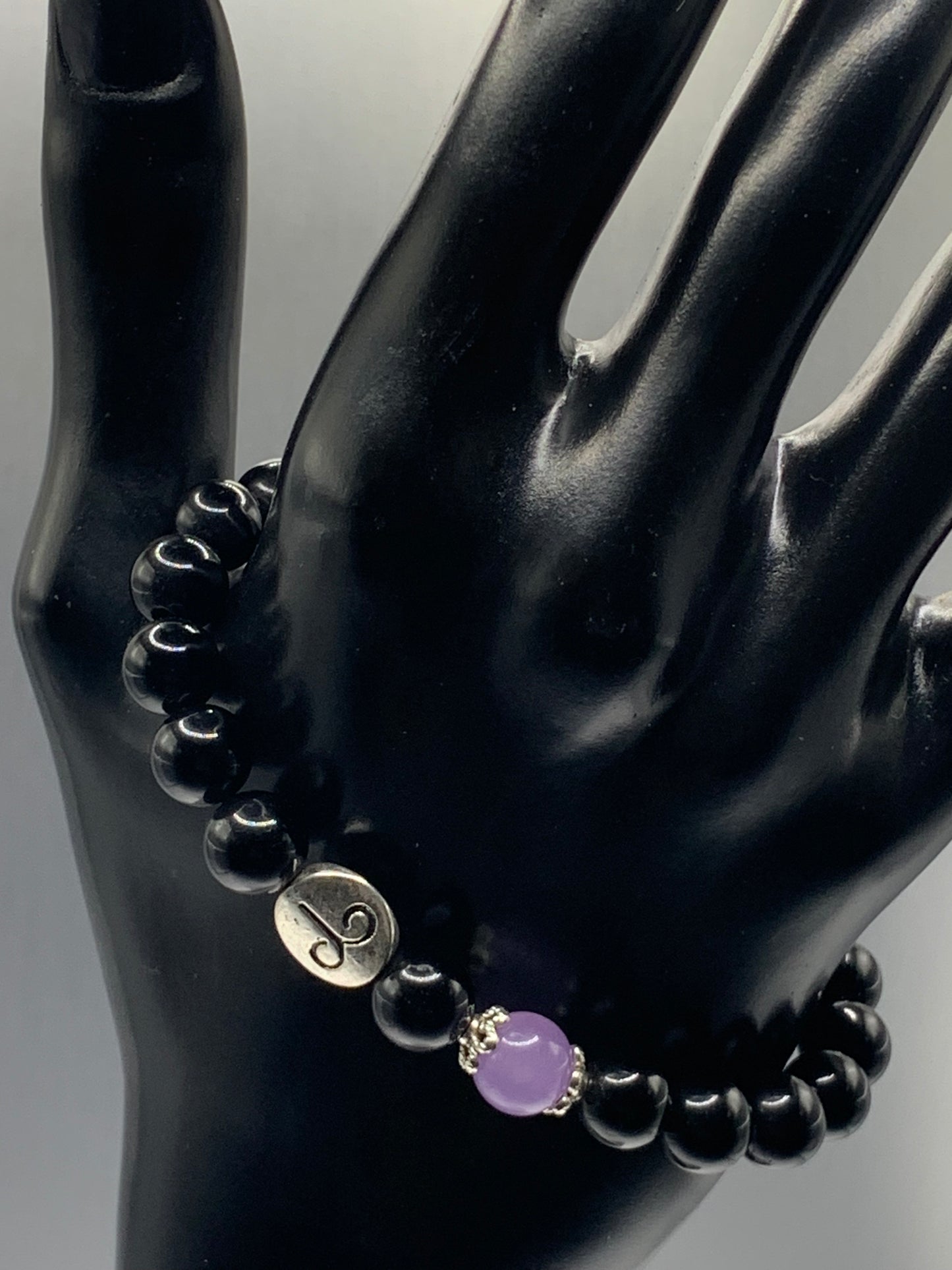 Aries Zodiac black obsidian with lavender agate semi precious stone/crystal elastic beaded bracelet with silver accents