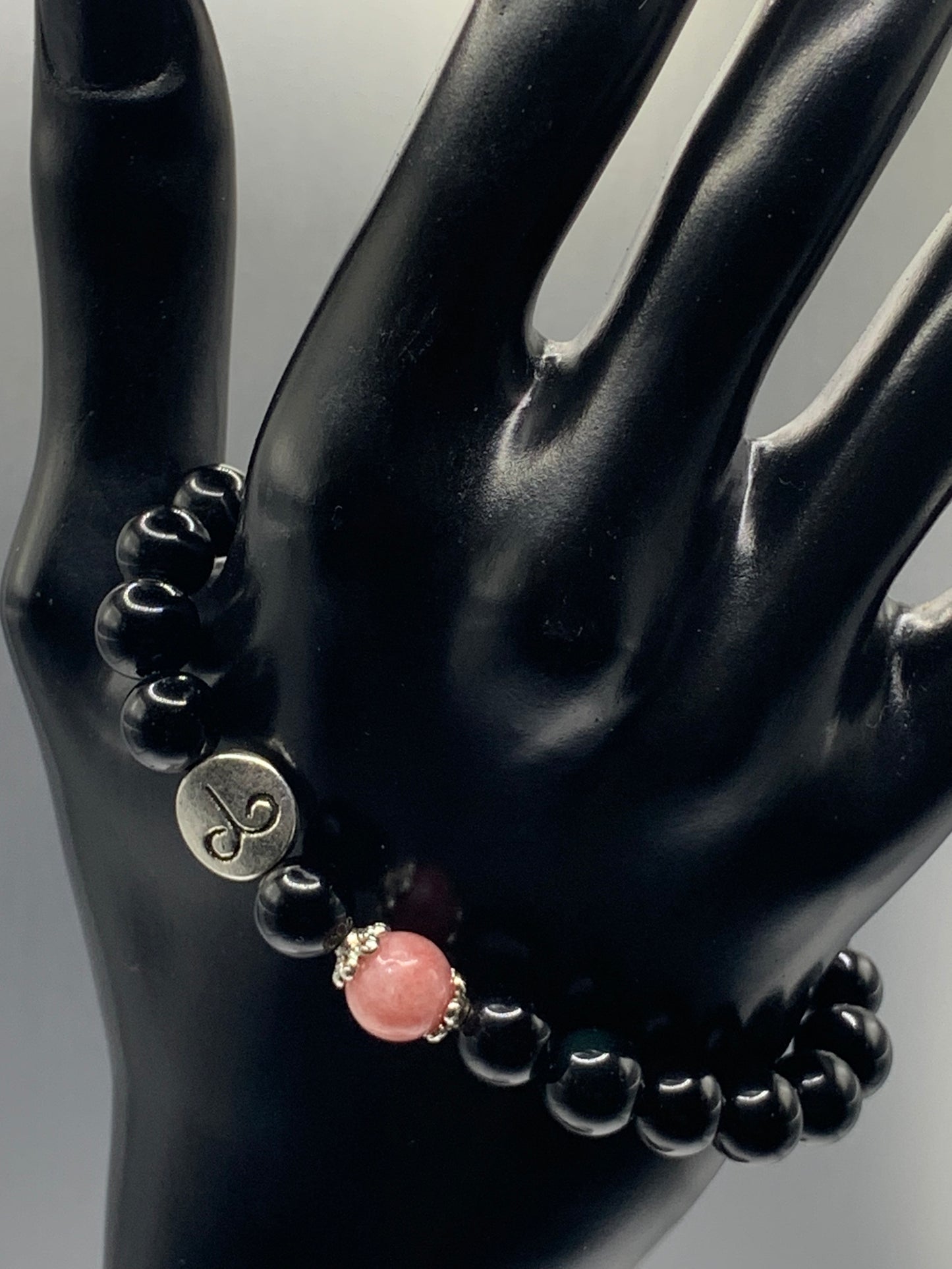 Aries Zodiac black obsidian with pink chalcedony semi precious stone/crystal elastic beaded bracelet with silver accents