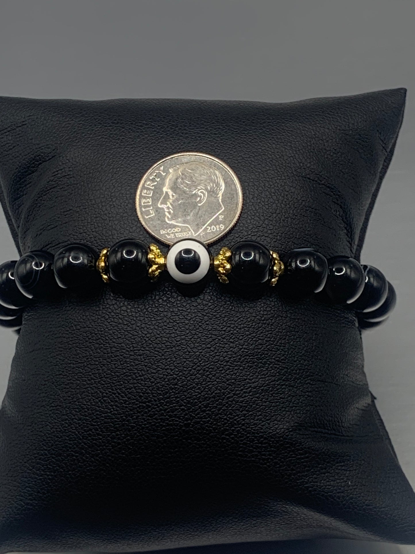 Black lace agate semi precious stone/crystal with resin evil eye beaded elastic bracelet