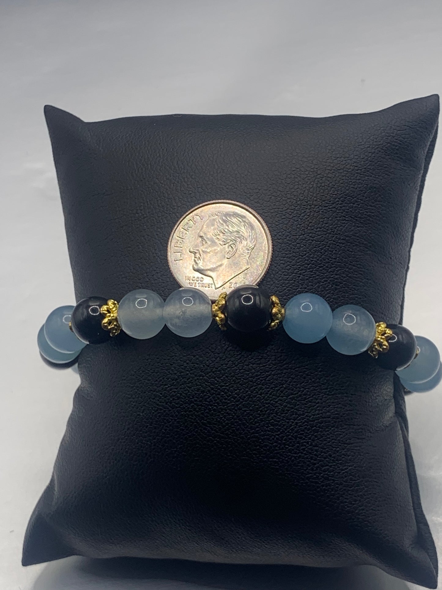 Black obsidian with blue agate semi precious stone/crystal beaded elastic bracelet with gold plated flower bead caps
