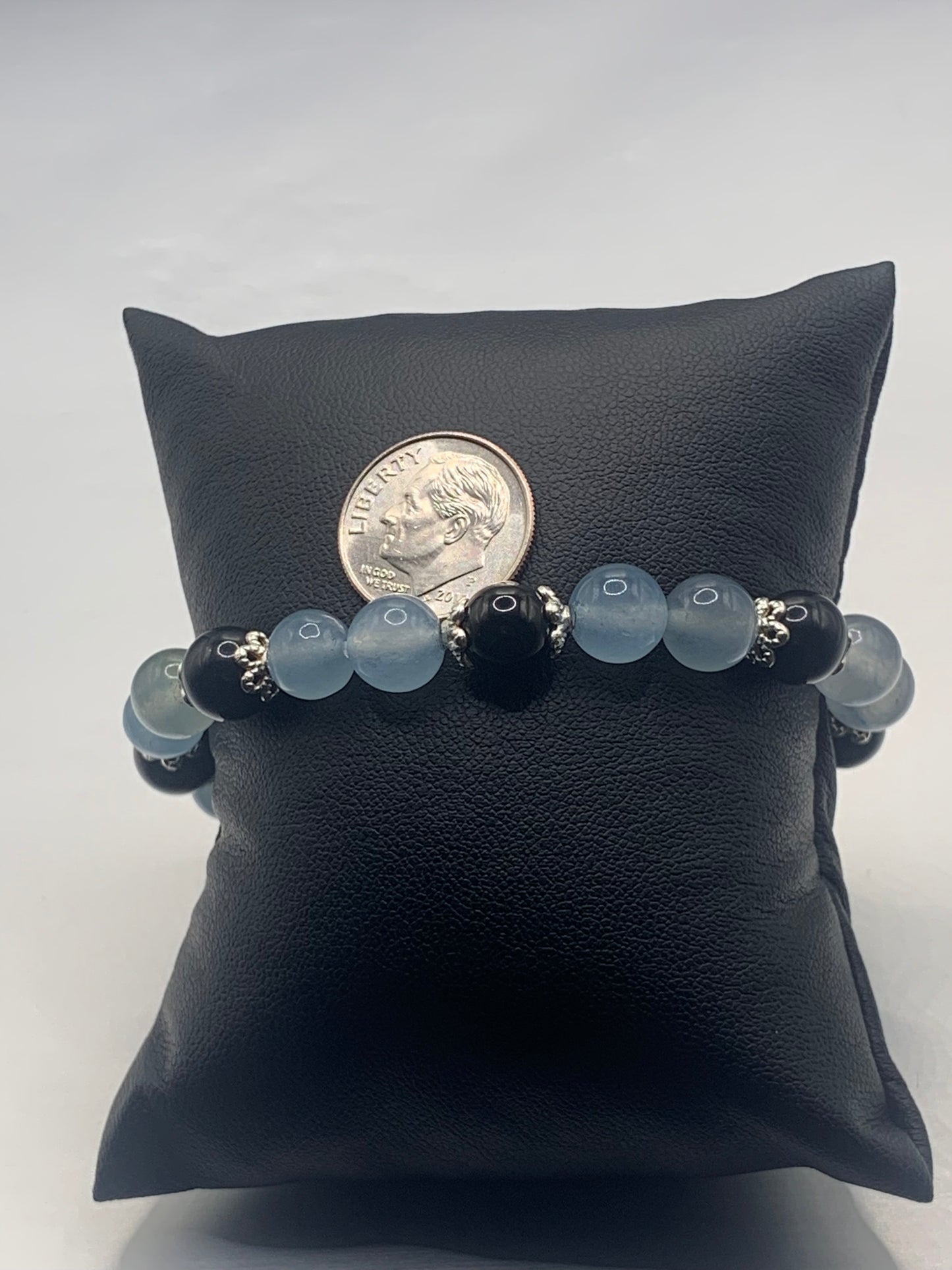 Black obsidian with blue agate semi precious stone/crystal beaded elastic bracelet with silver plated flower bead caps