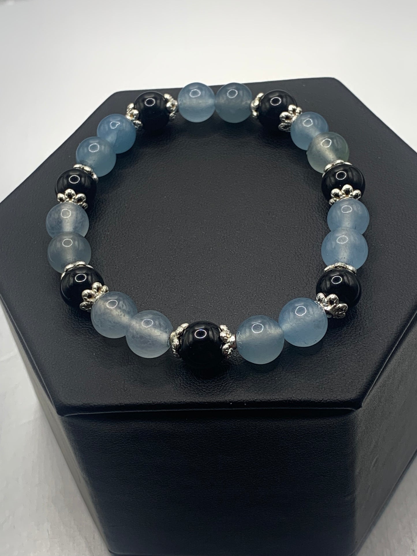 Black obsidian with blue agate semi precious stone/crystal beaded elastic bracelet with silver plated flower bead caps