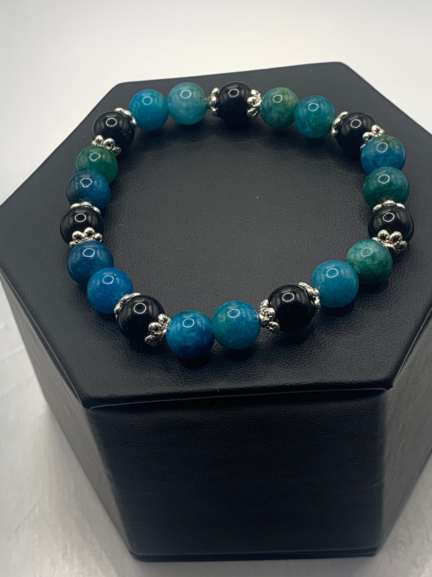 Black obsidian with blue apatite semi precious stone/crystal beaded elastic bracelet with silver plated flower bead caps