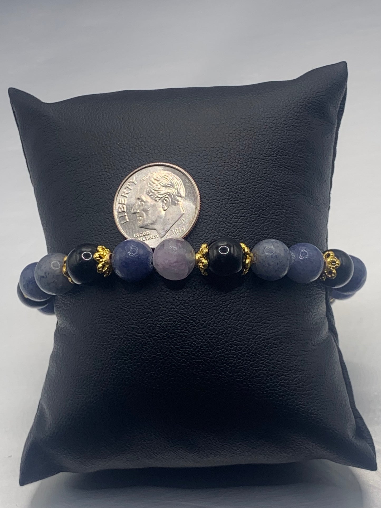 Black obsidian with blue aventurine semi precious stone/crystal beaded elastic bracelet with gold plated flower bead caps