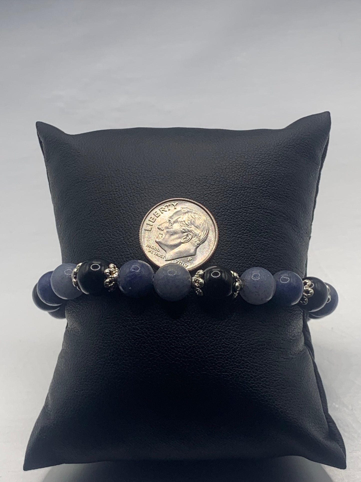 Black obsidian with blue aventurine semi precious stone/crystal beaded elastic bracelet with silver plated flower bead caps
