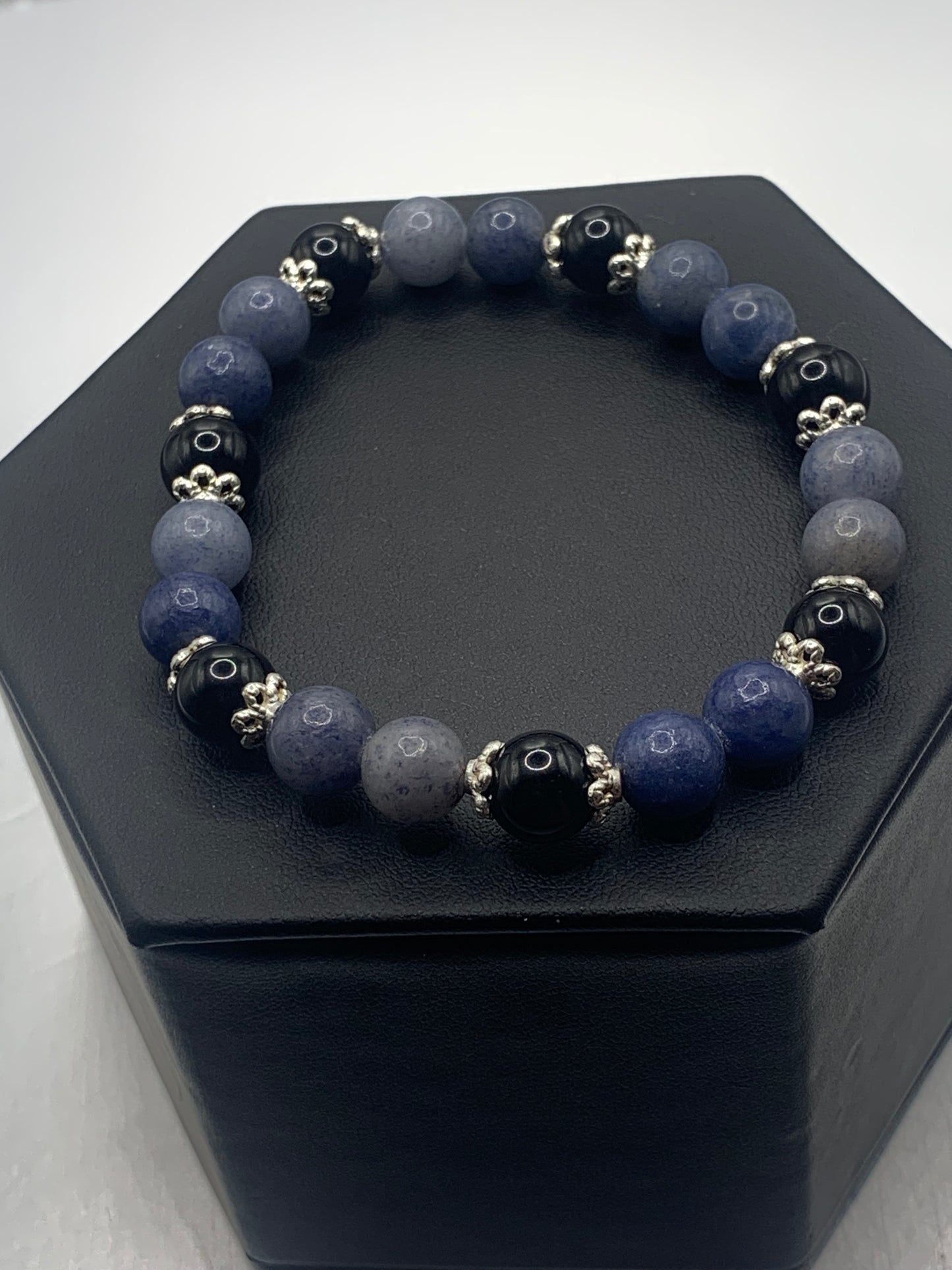 Black obsidian with blue aventurine semi precious stone/crystal beaded elastic bracelet with silver plated flower bead caps
