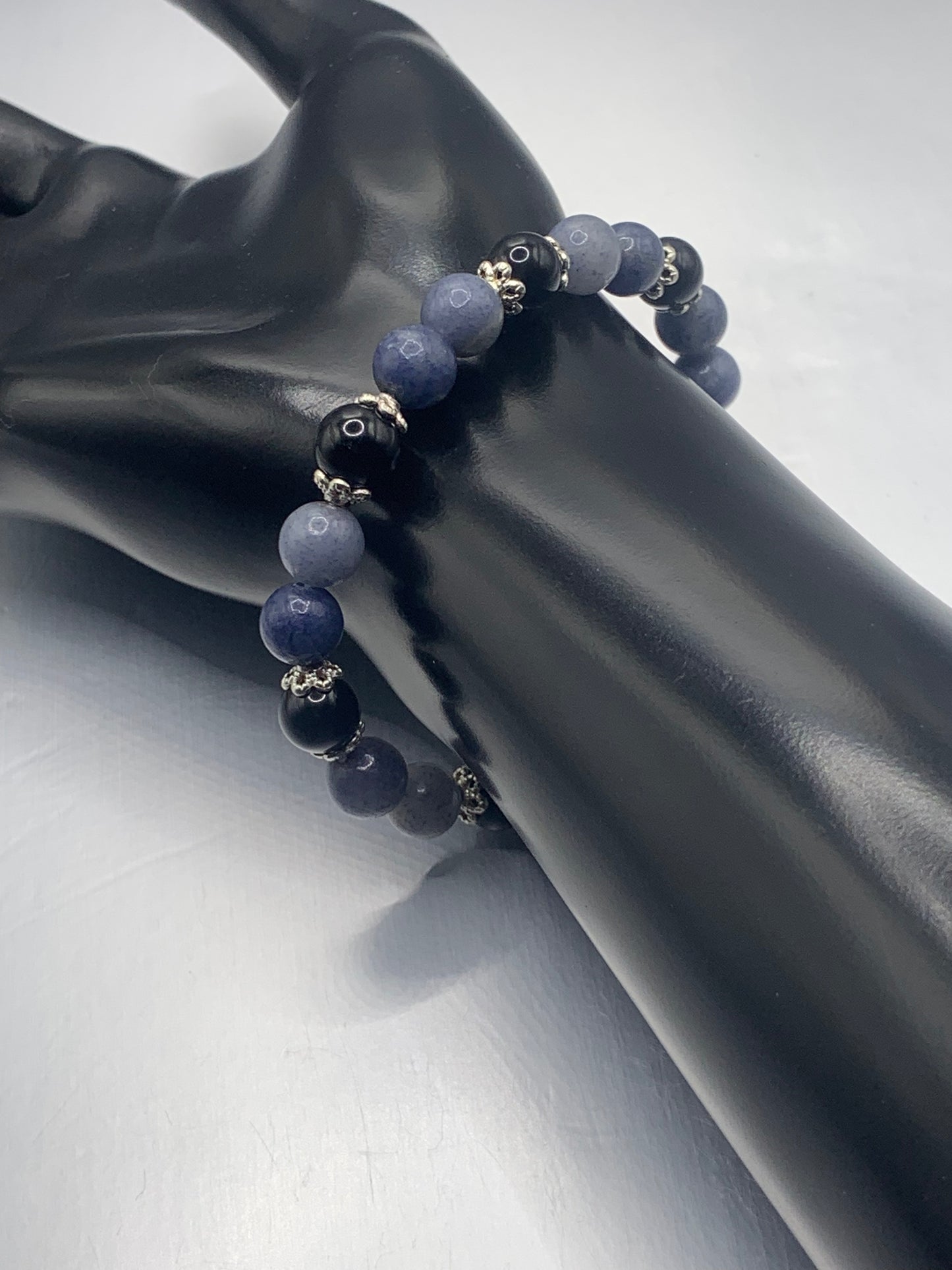 Black obsidian with blue aventurine semi precious stone/crystal beaded elastic bracelet with silver plated flower bead caps