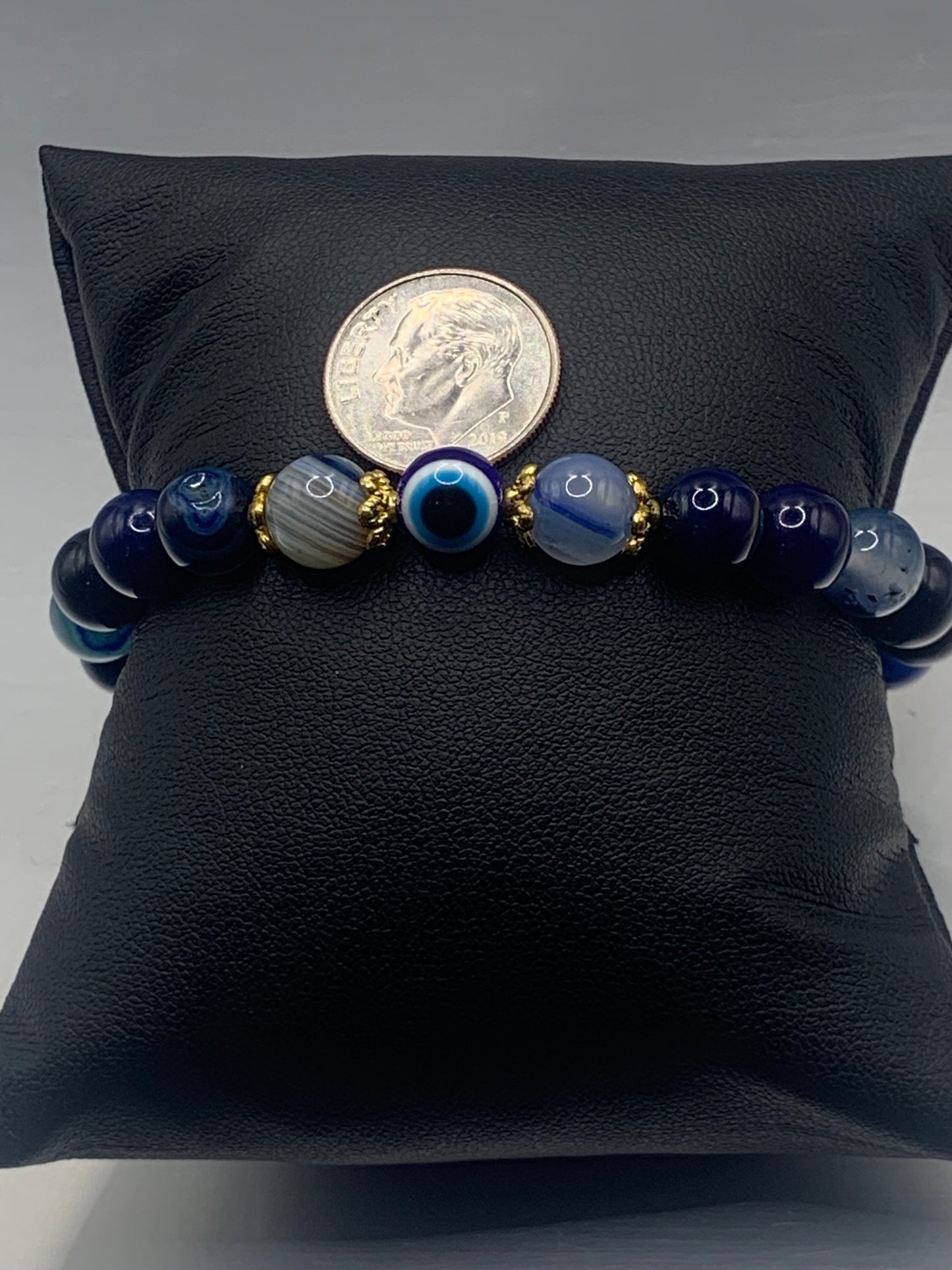Blue lace agate semi precious stone/crystal with resin evil eye beaded elastic bracelet