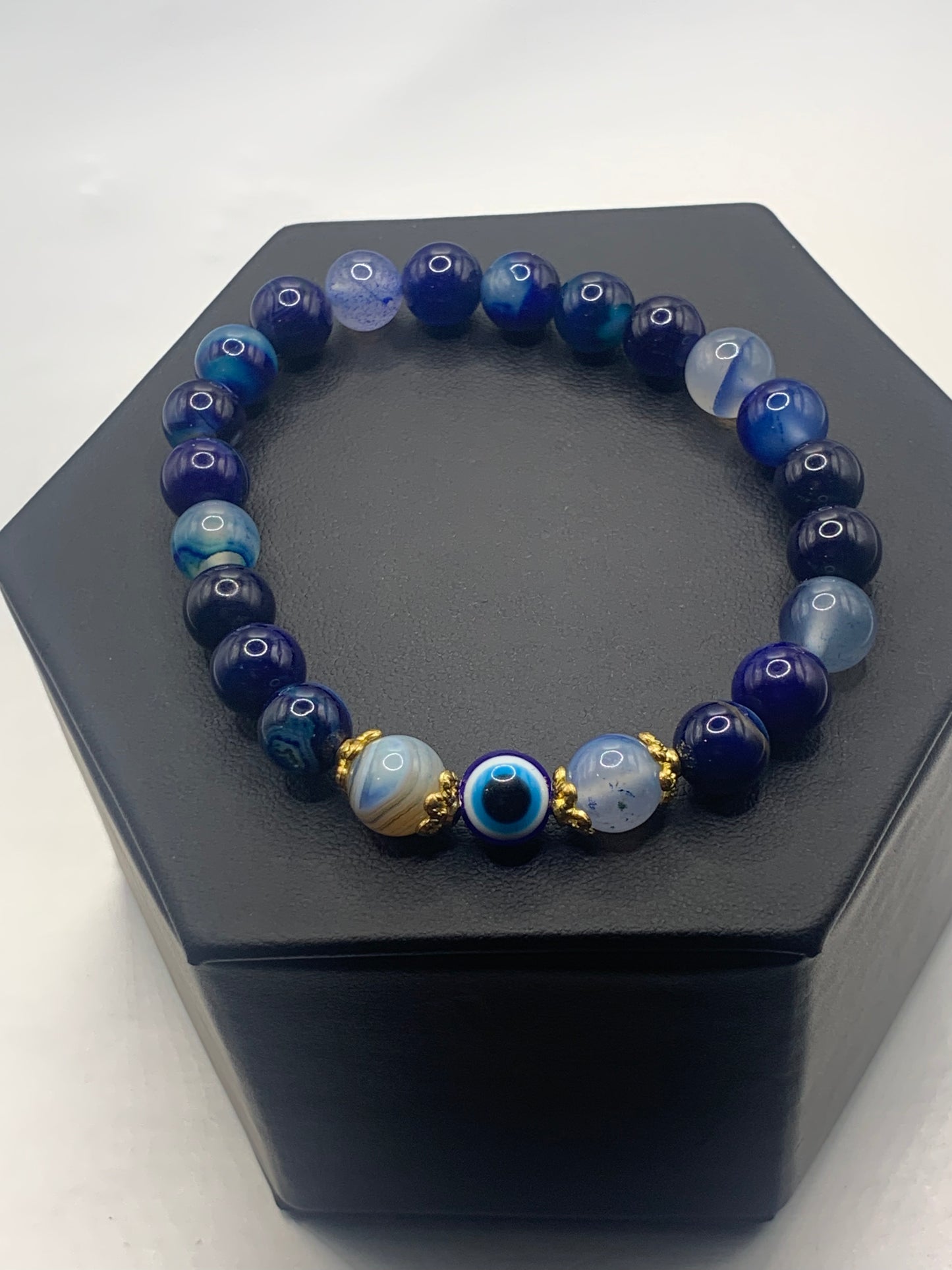 Blue lace agate semi precious stone/crystal with resin evil eye beaded elastic bracelet