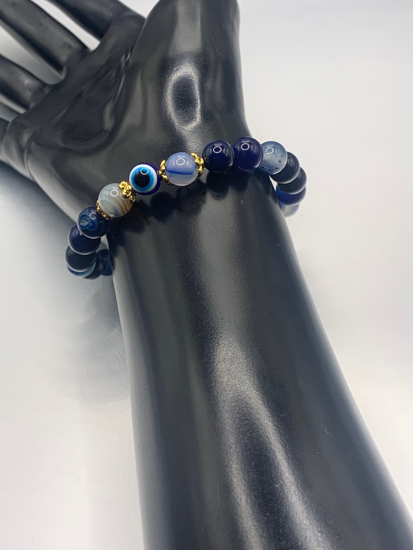 Blue lace agate semi precious stone/crystal with resin evil eye beaded elastic bracelet