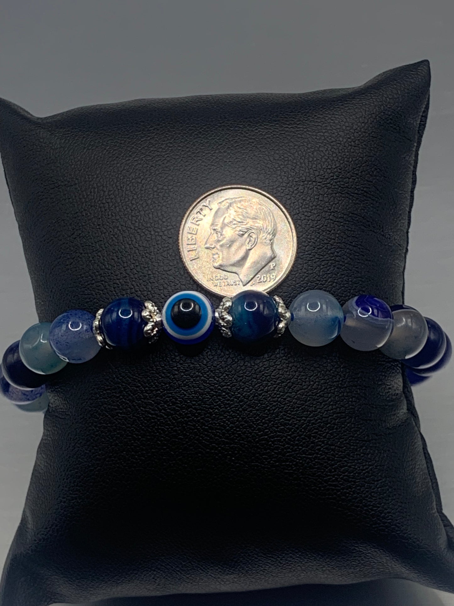Blue lace agate semi precious stone/crystal with resin evil eye beaded elastic bracelet