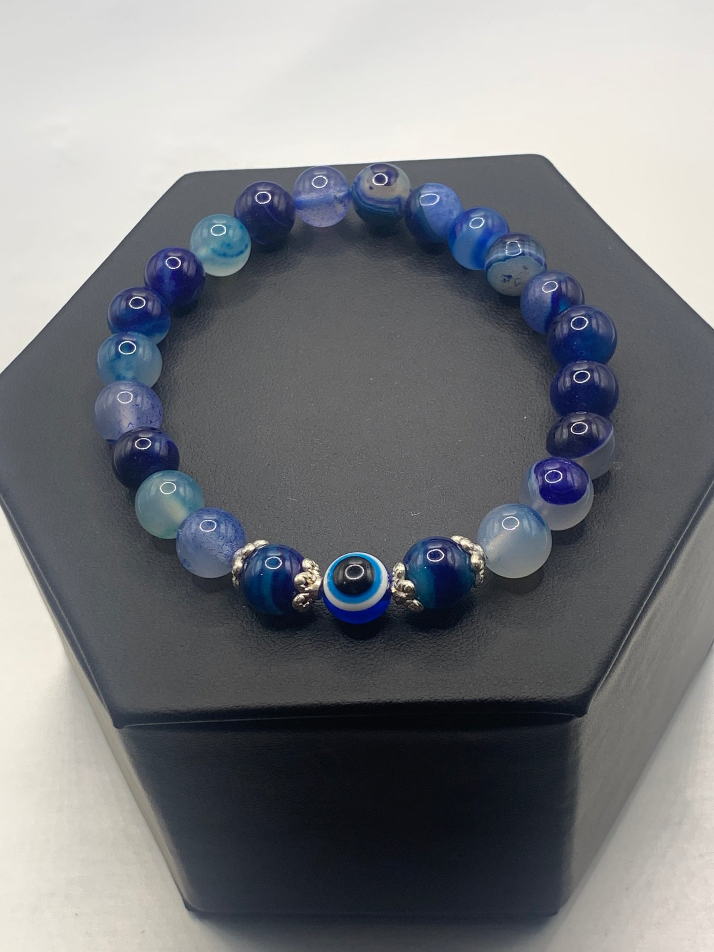 Blue lace agate semi precious stone/crystal with resin evil eye beaded elastic bracelet