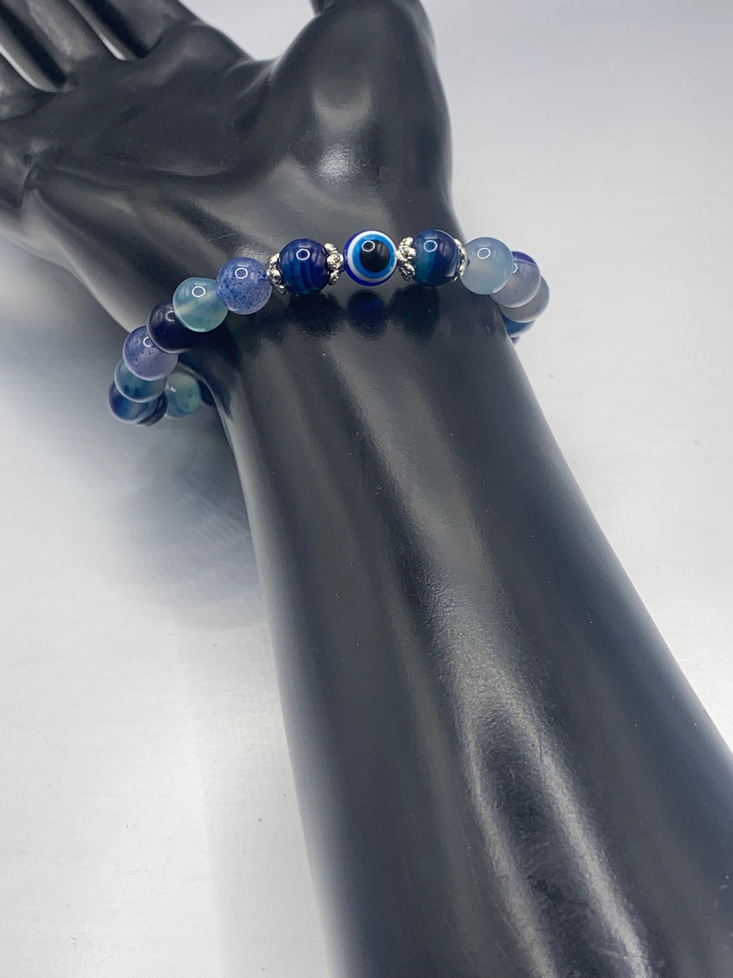 Blue lace agate semi precious stone/crystal with resin evil eye beaded elastic bracelet