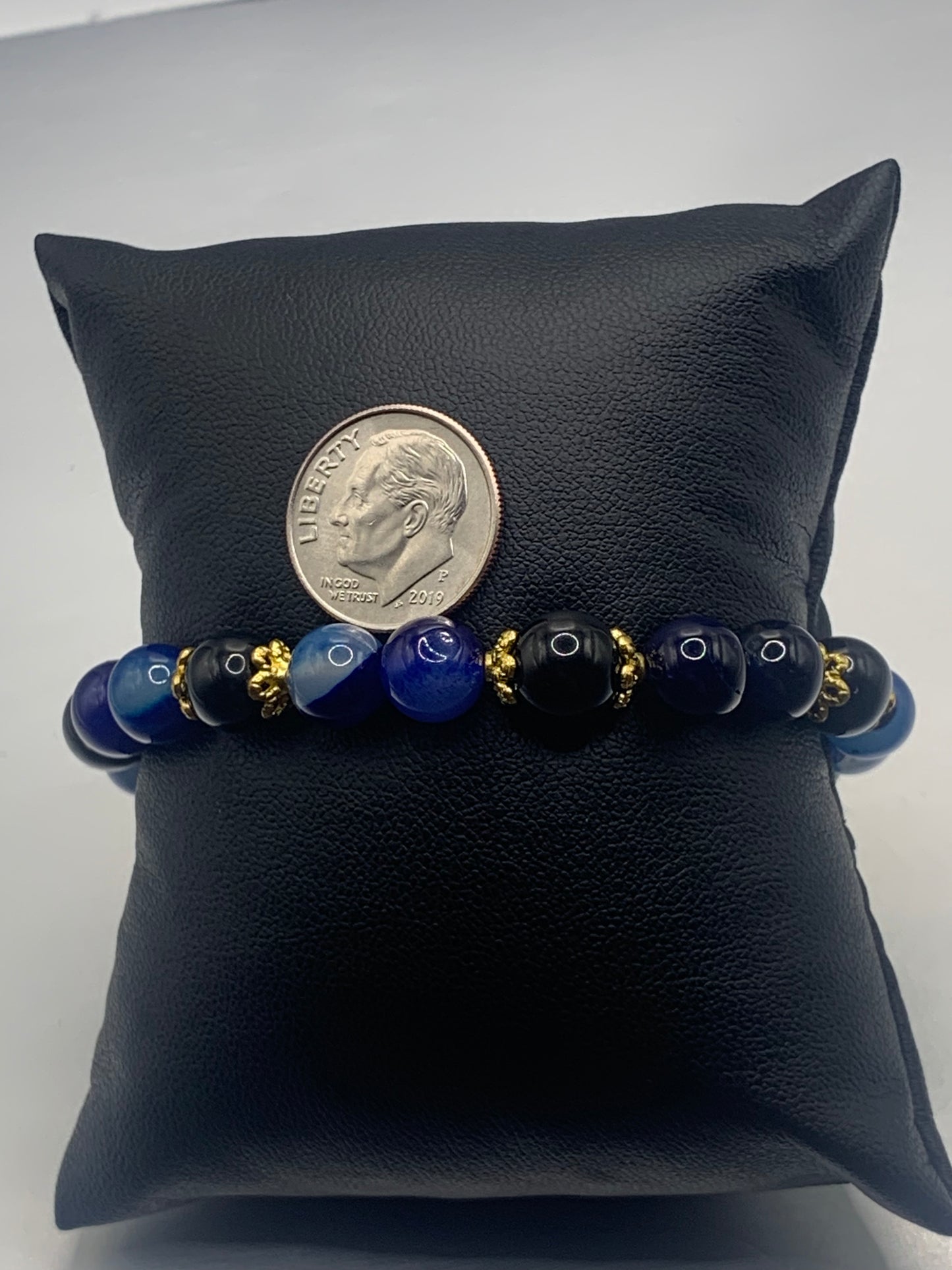 Black obsidian with blue lace agate semi precious stone/crystal beaded elastic bracelet with gold plated flower bead caps