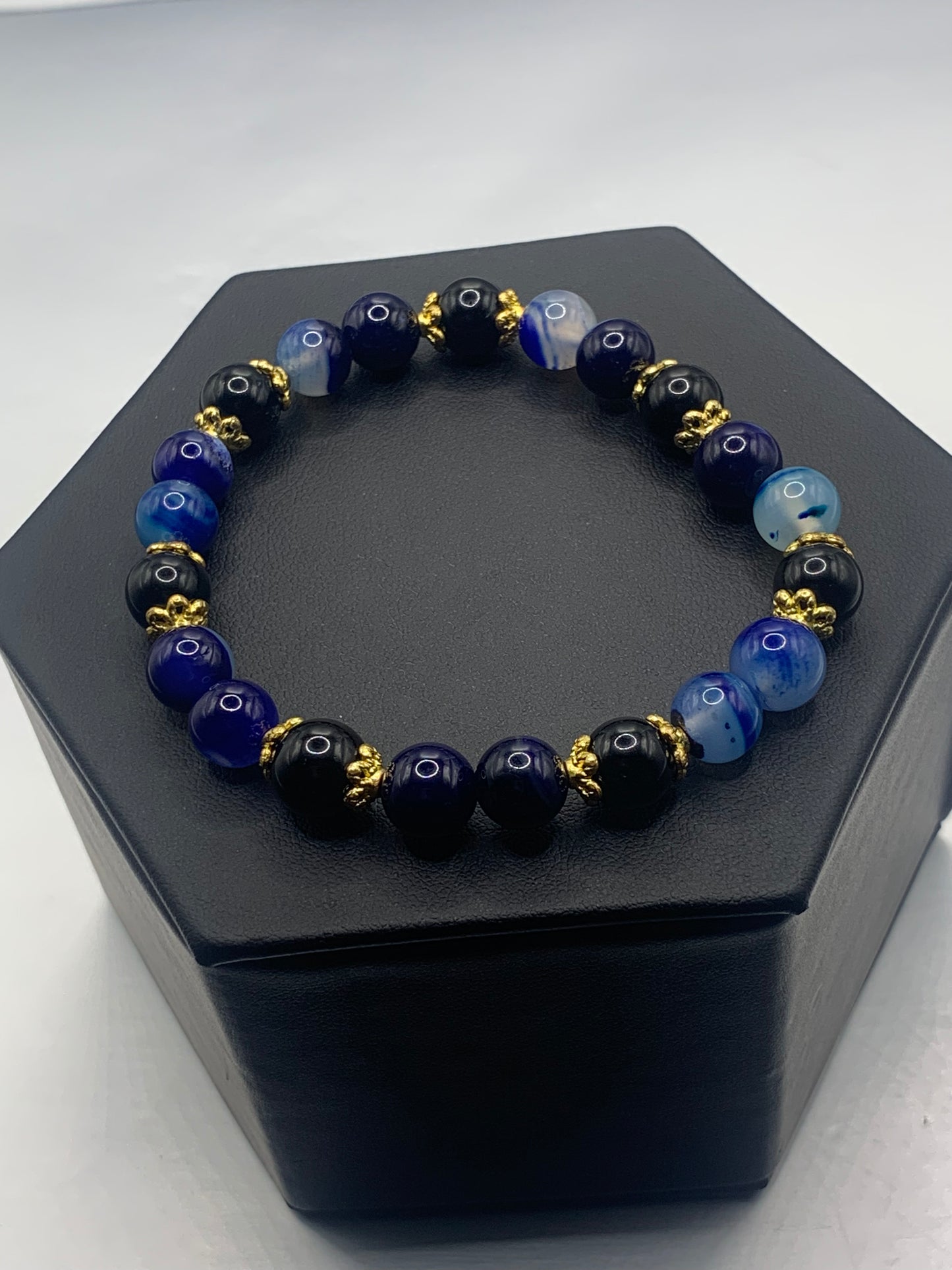 Black obsidian with blue lace agate semi precious stone/crystal beaded elastic bracelet with gold plated flower bead caps