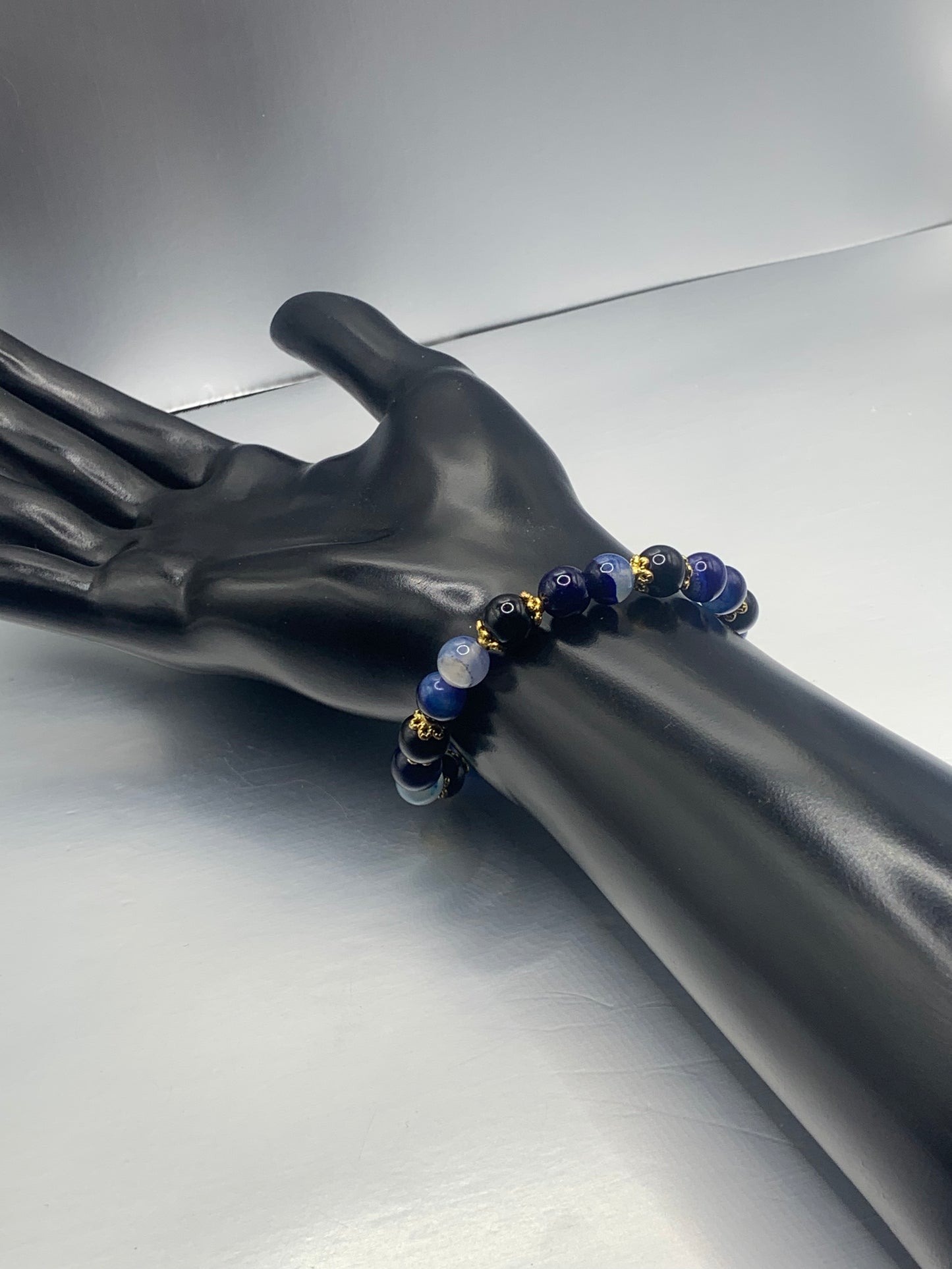 Black obsidian with blue lace agate semi precious stone/crystal beaded elastic bracelet with gold plated flower bead caps