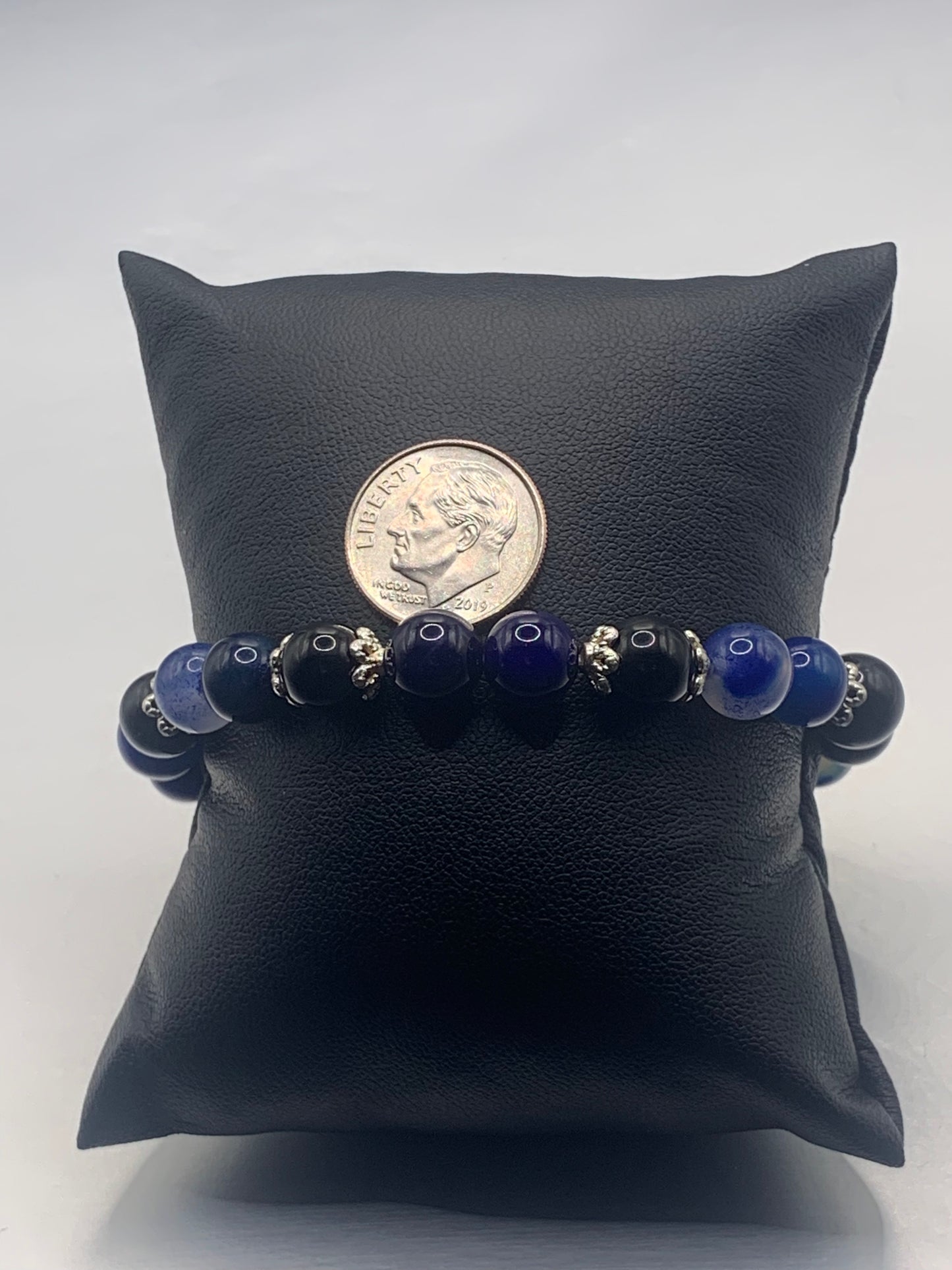 Black obsidian with blue lace agate semi precious stone/crystal beaded elastic bracelet with silver plated flower bead caps