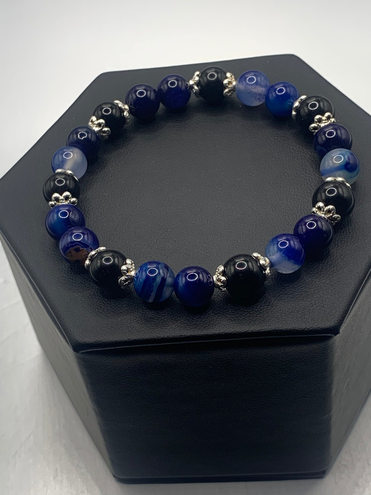 Black obsidian with blue lace agate semi precious stone/crystal beaded elastic bracelet with silver plated flower bead caps