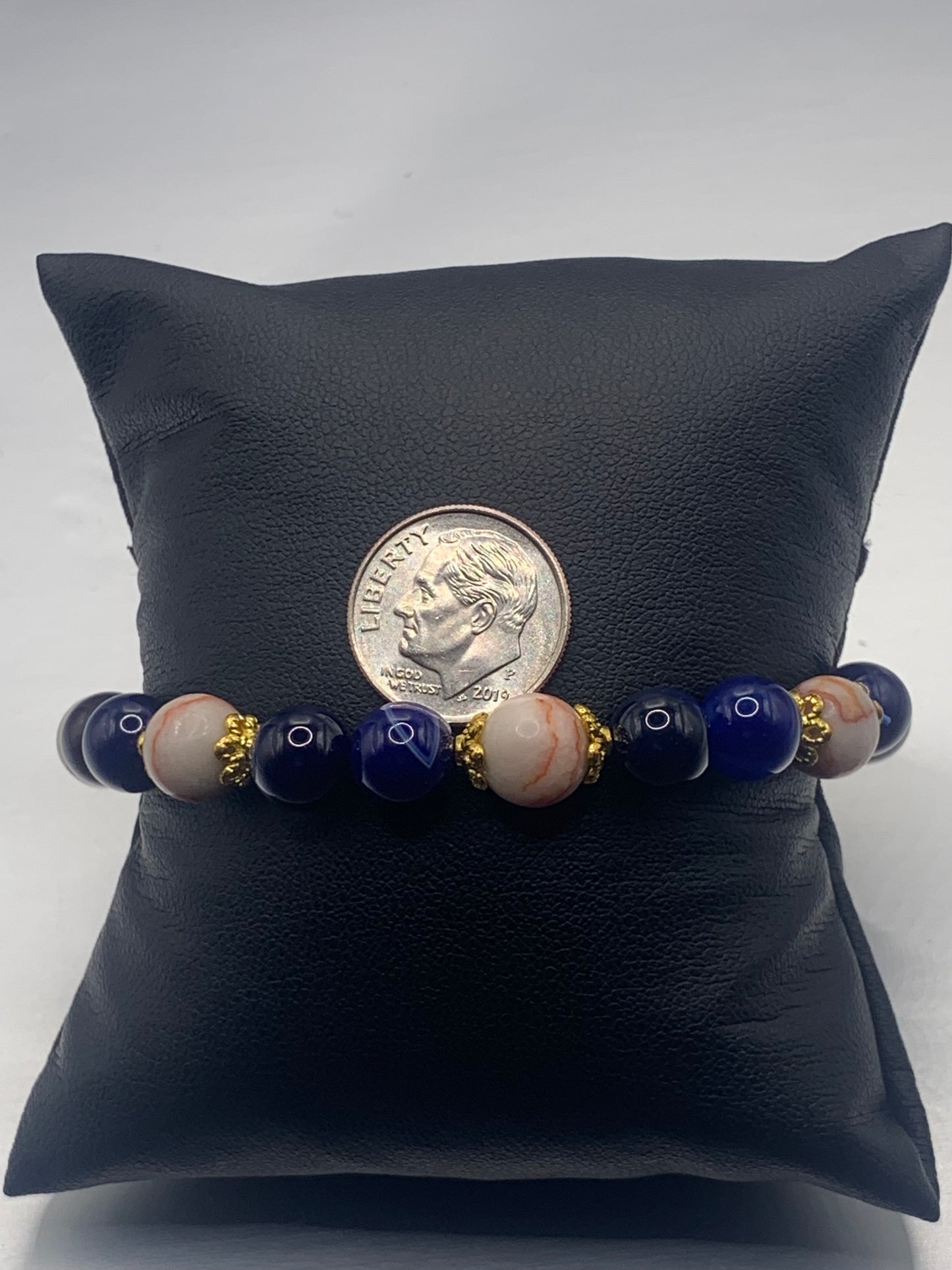 Red vein jasper and blue lace agate semi precious stone/crystal elastic beaded bracelet with gold plated flower bead caps