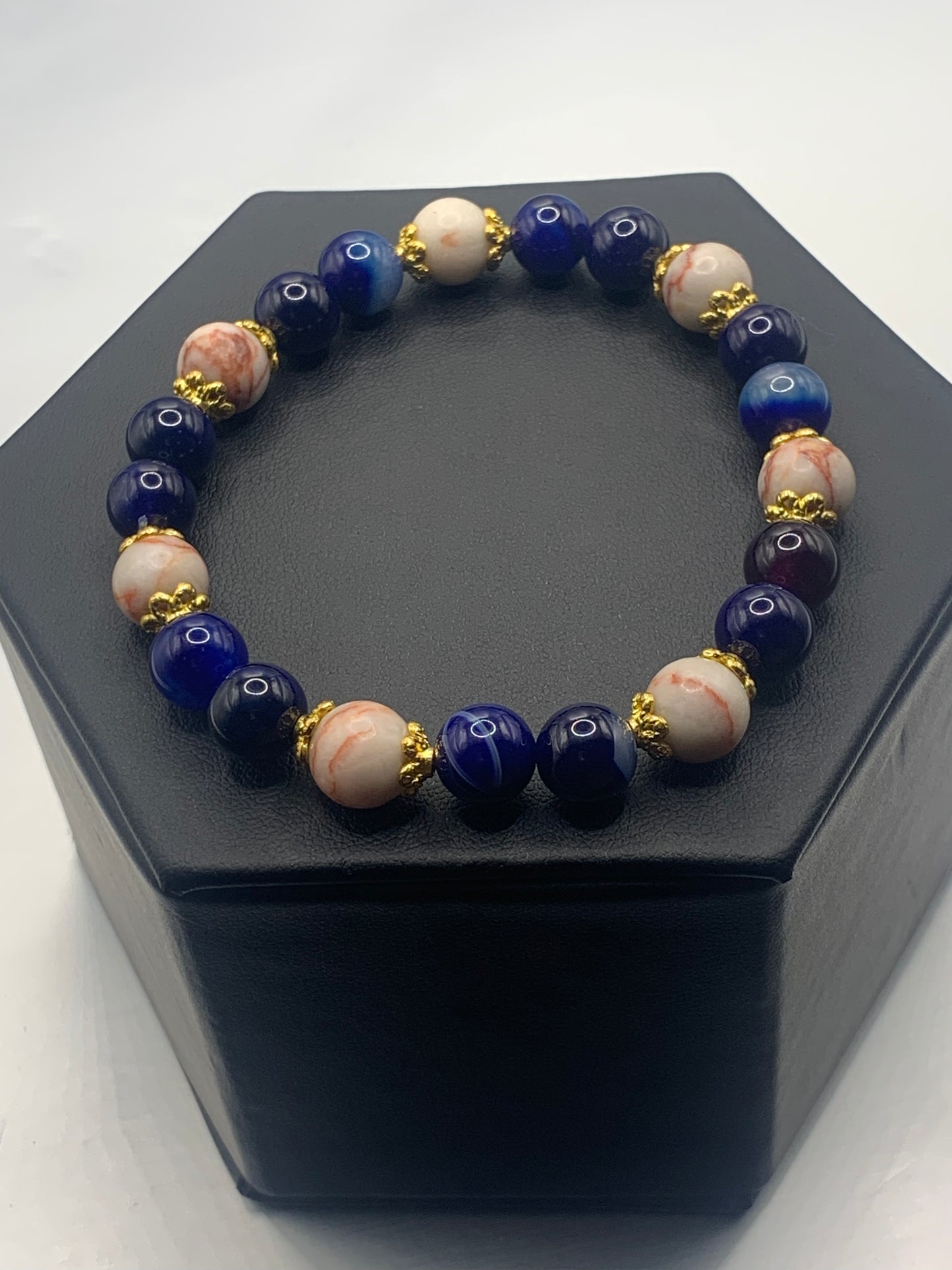 Red vein jasper and blue lace agate semi precious stone/crystal elastic beaded bracelet with gold plated flower bead caps