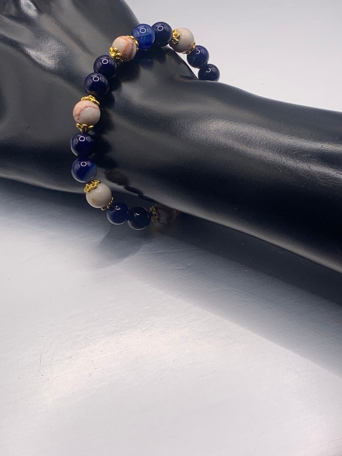 Red vein jasper and blue lace agate semi precious stone/crystal elastic beaded bracelet with gold plated flower bead caps