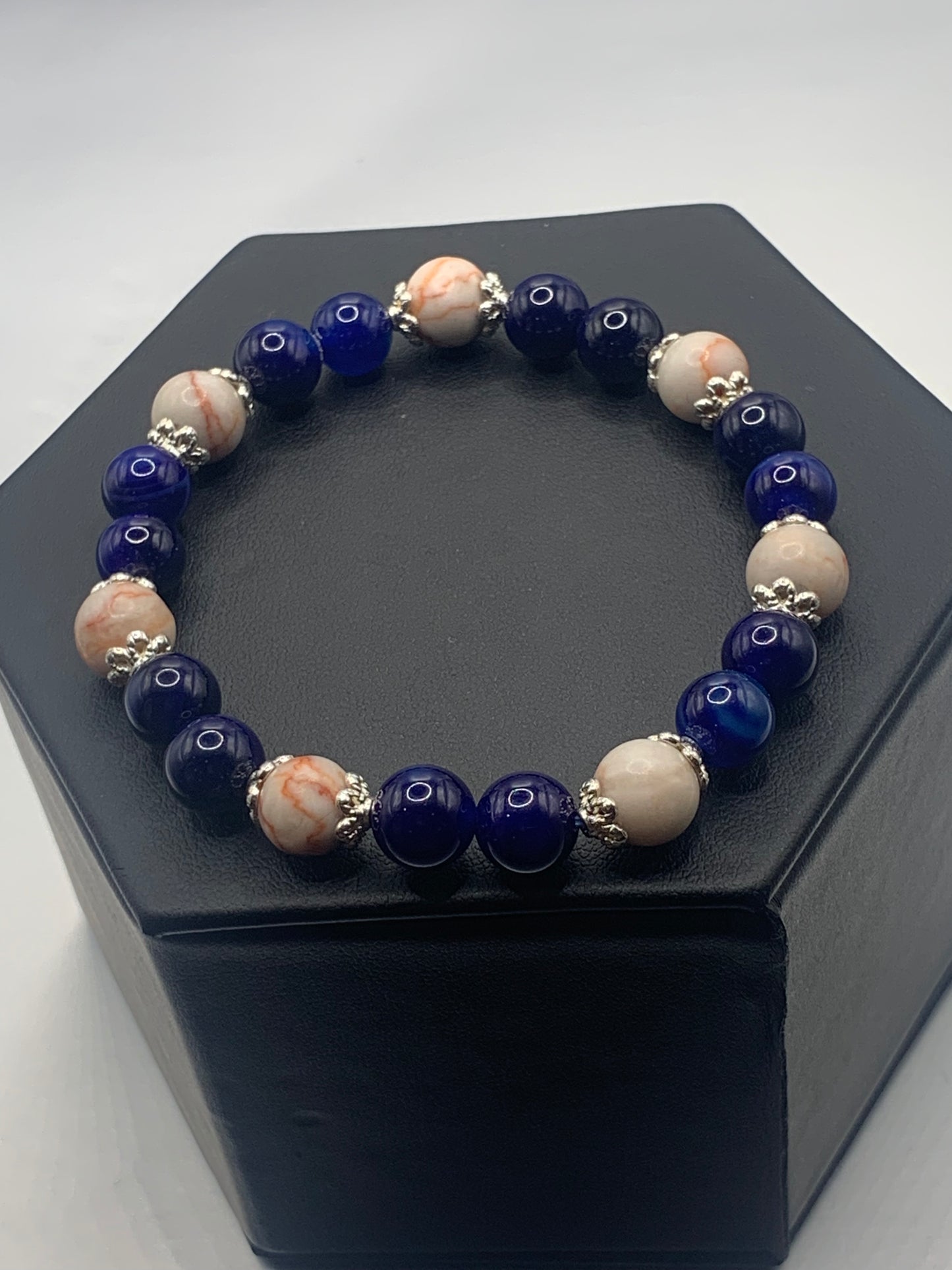 Red vein jasper and blue lace agate semi precious stone/crystal elastic beaded bracelet with silver plated flower bead caps