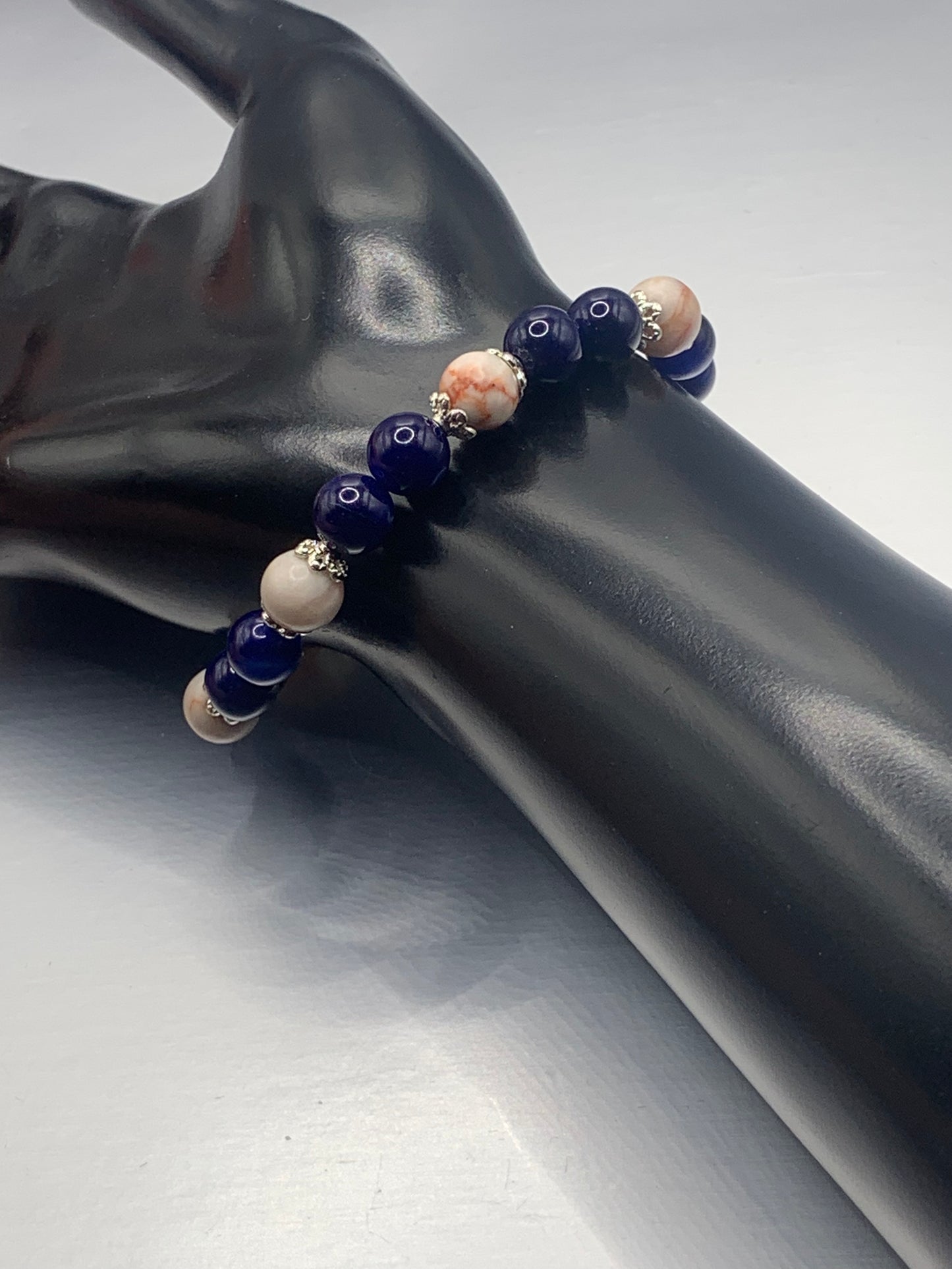 Red vein jasper and blue lace agate semi precious stone/crystal elastic beaded bracelet with silver plated flower bead caps
