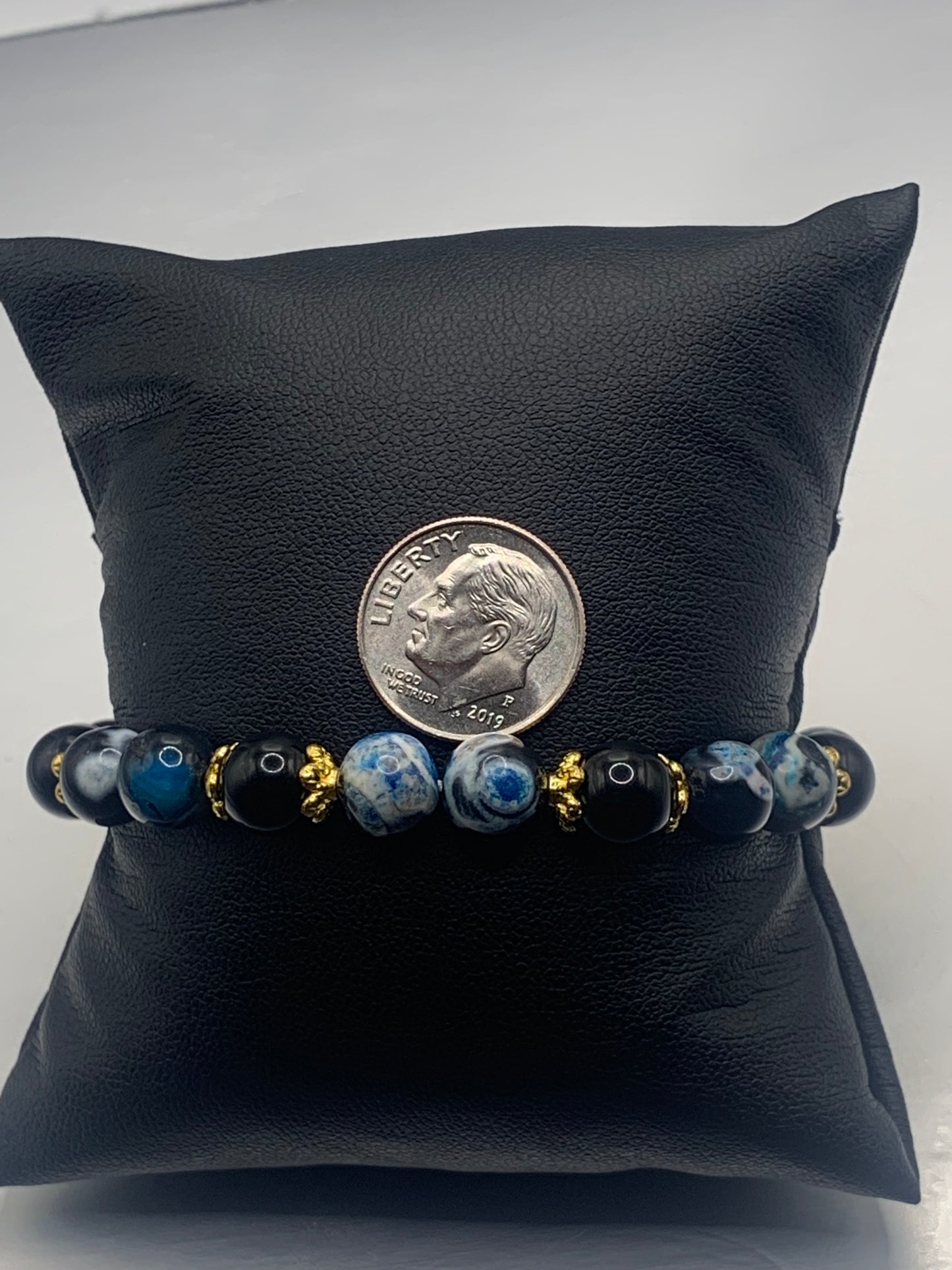 Black obsidian with blue orca agate semi precious stone/crystal beaded elastic bracelet with gold plated flower bead caps