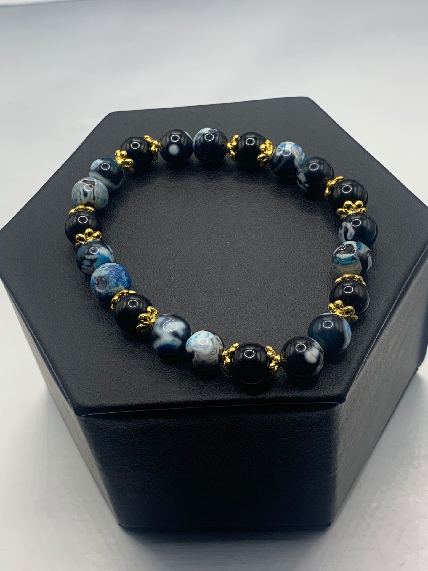 Black obsidian with blue orca agate semi precious stone/crystal beaded elastic bracelet with gold plated flower bead caps