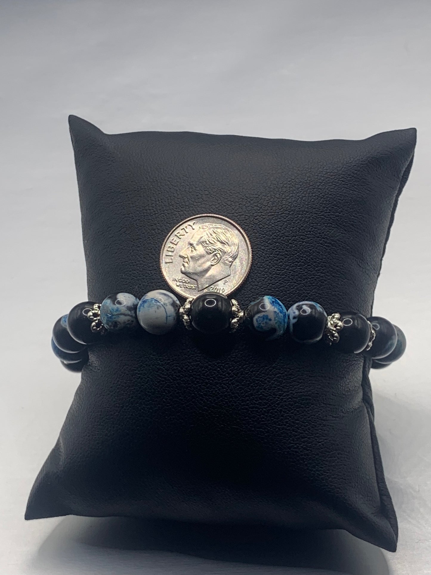 Black obsidian with blue orca agate semi precious stone/crystal beaded elastic bracelet with silver plated flower bead caps