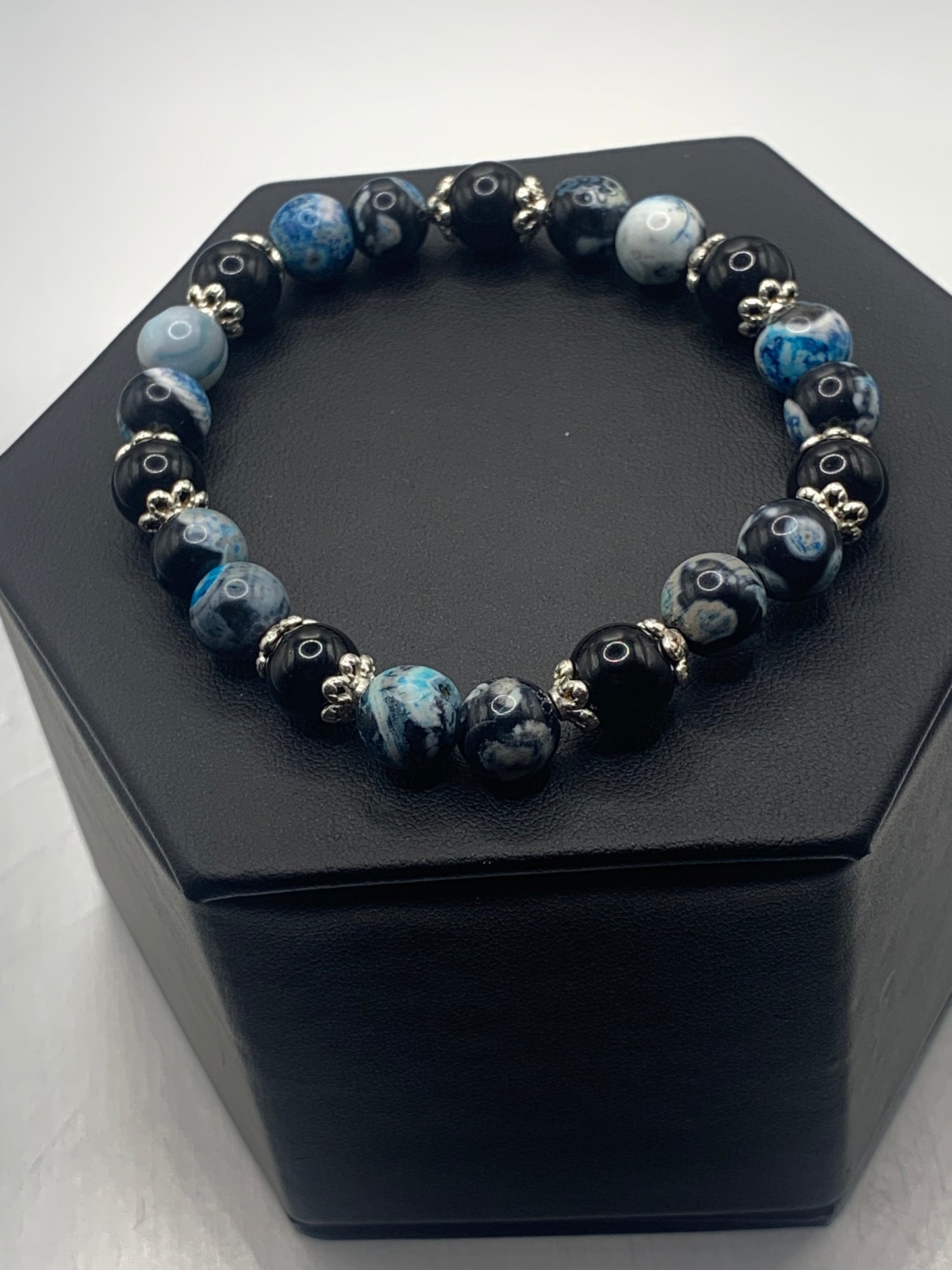 Black obsidian with blue orca agate semi precious stone/crystal beaded elastic bracelet with silver plated flower bead caps