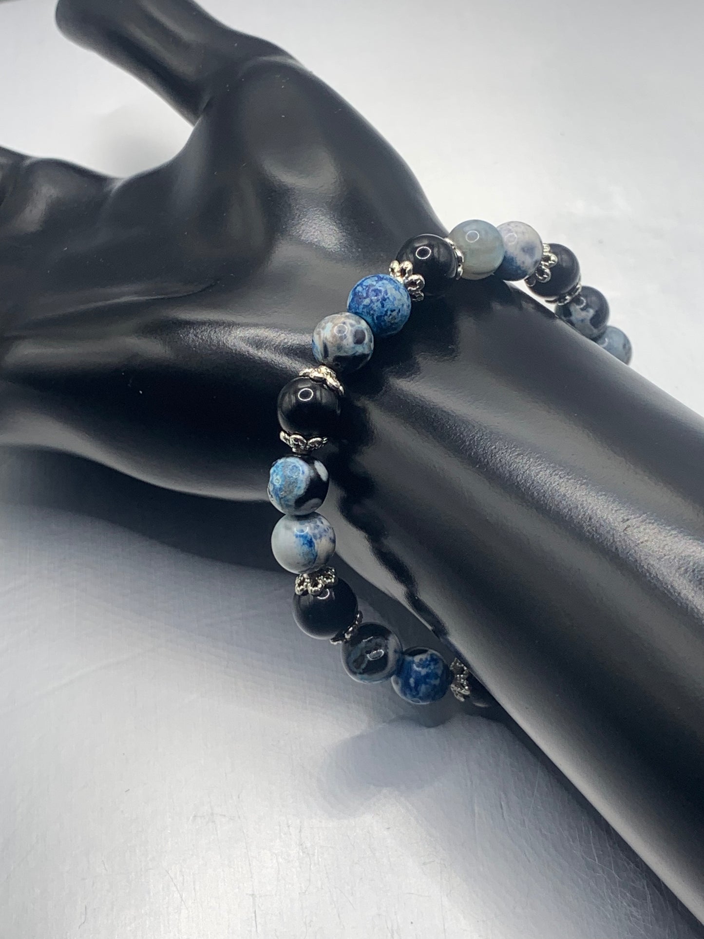 Black obsidian with blue orca agate semi precious stone/crystal beaded elastic bracelet with silver plated flower bead caps