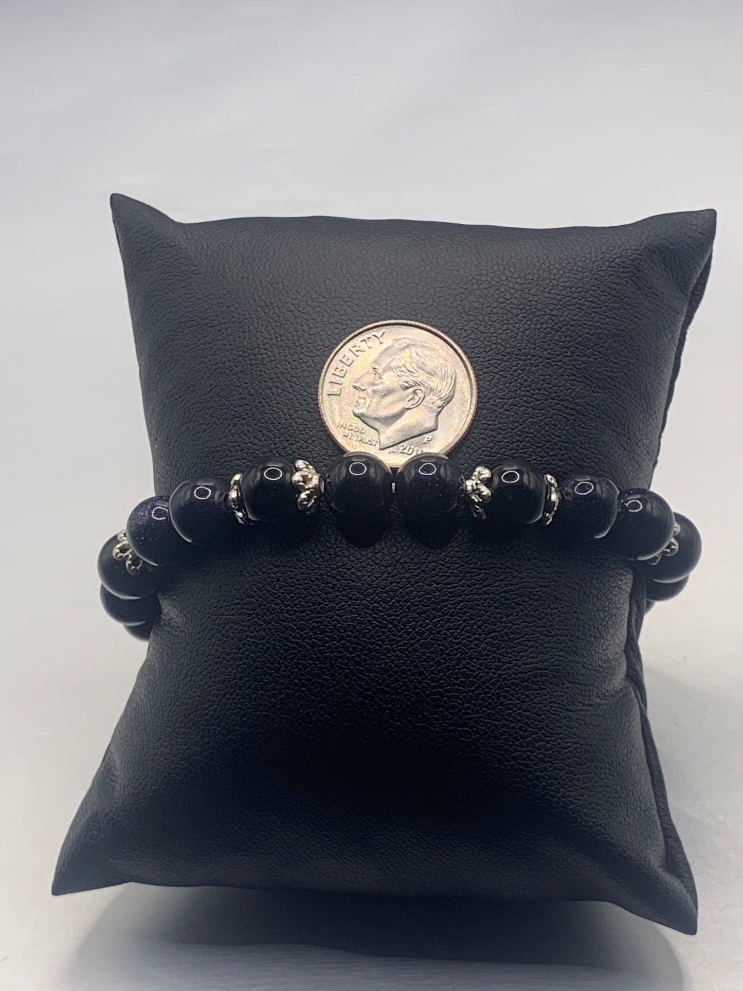 Black obsidian with blue sandstone semi precious stone/crystal beaded elastic bracelet with silver plated flower bead caps