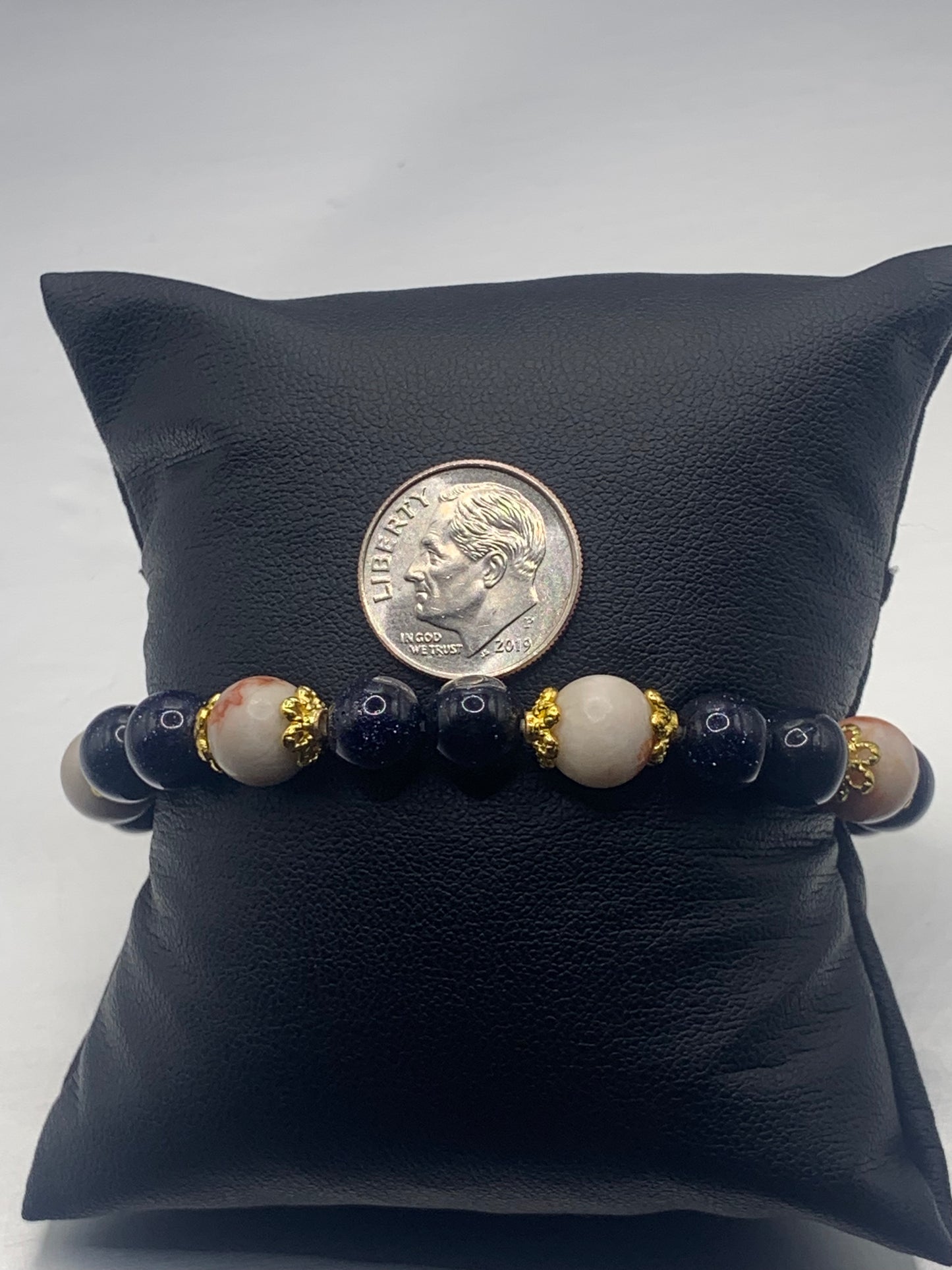 Red vein jasper and blue sandstone semi precious stone/crystal elastic beaded bracelet with gold plated flower bead caps
