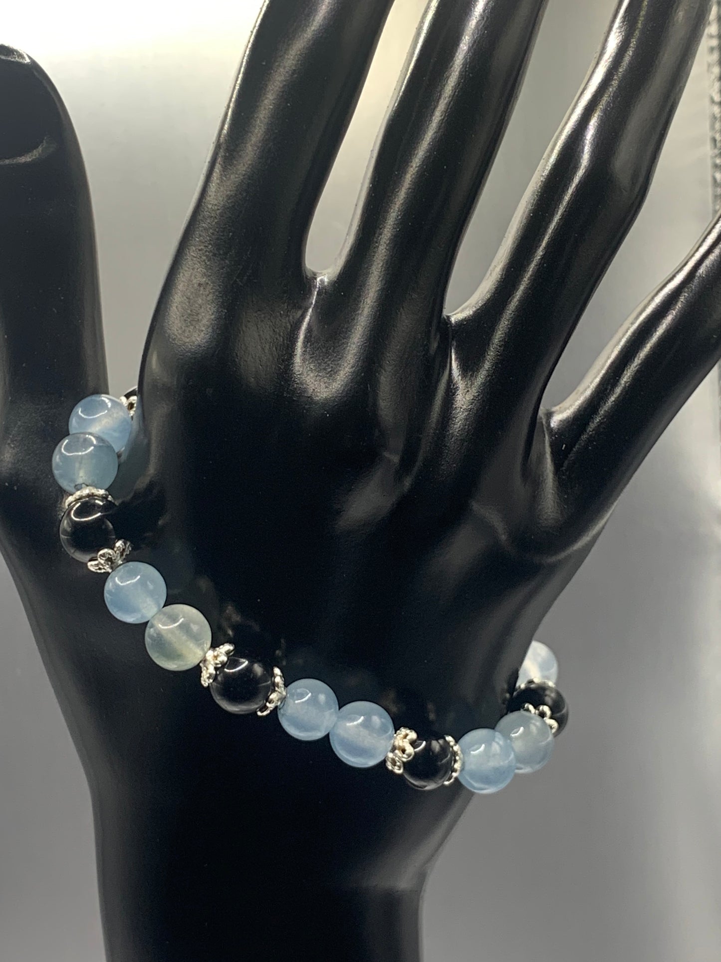 Black obsidian with blue agate semi precious stone/crystal beaded elastic bracelet with silver plated flower bead caps