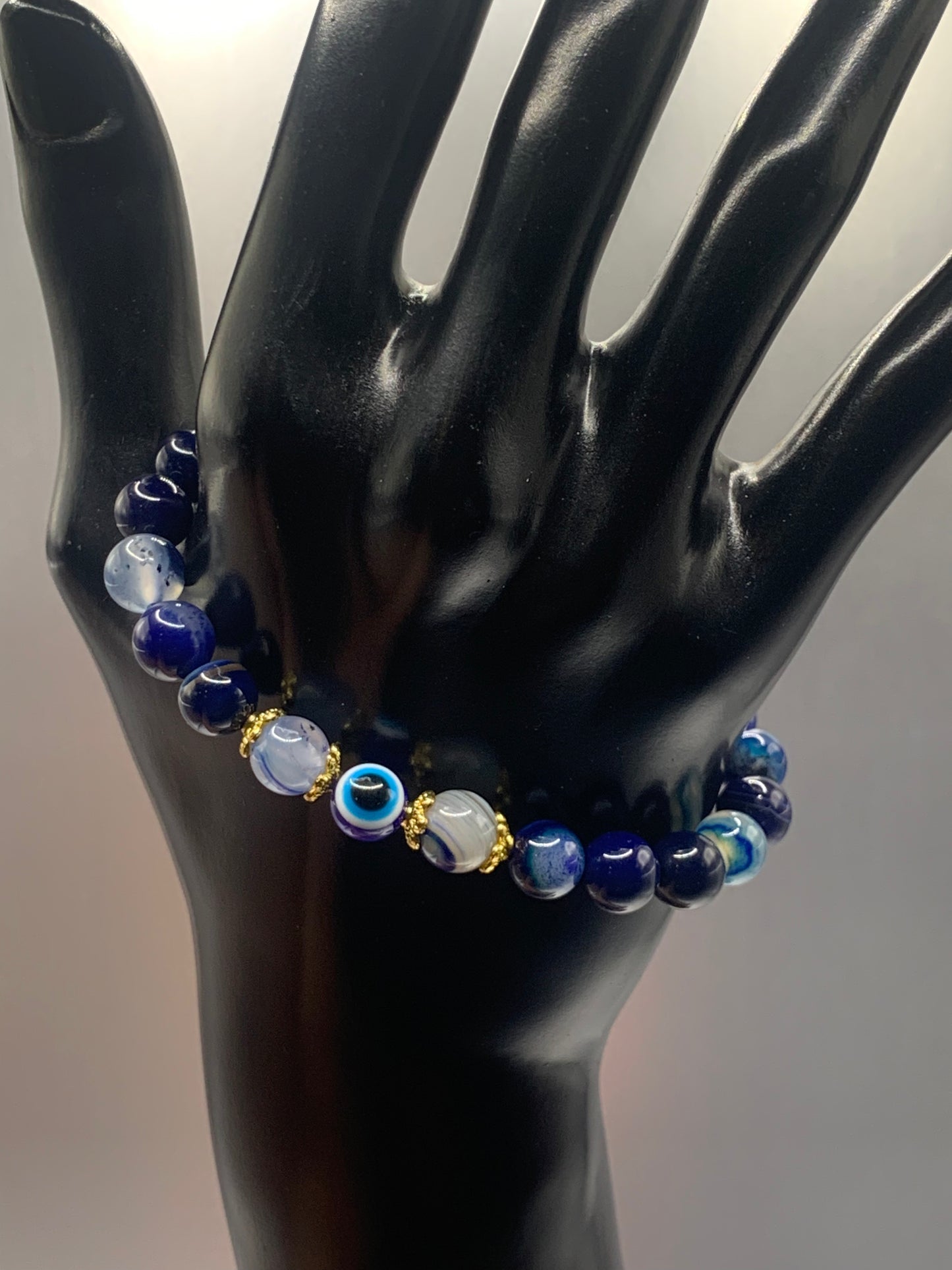 Blue lace agate semi precious stone/crystal with resin evil eye beaded elastic bracelet