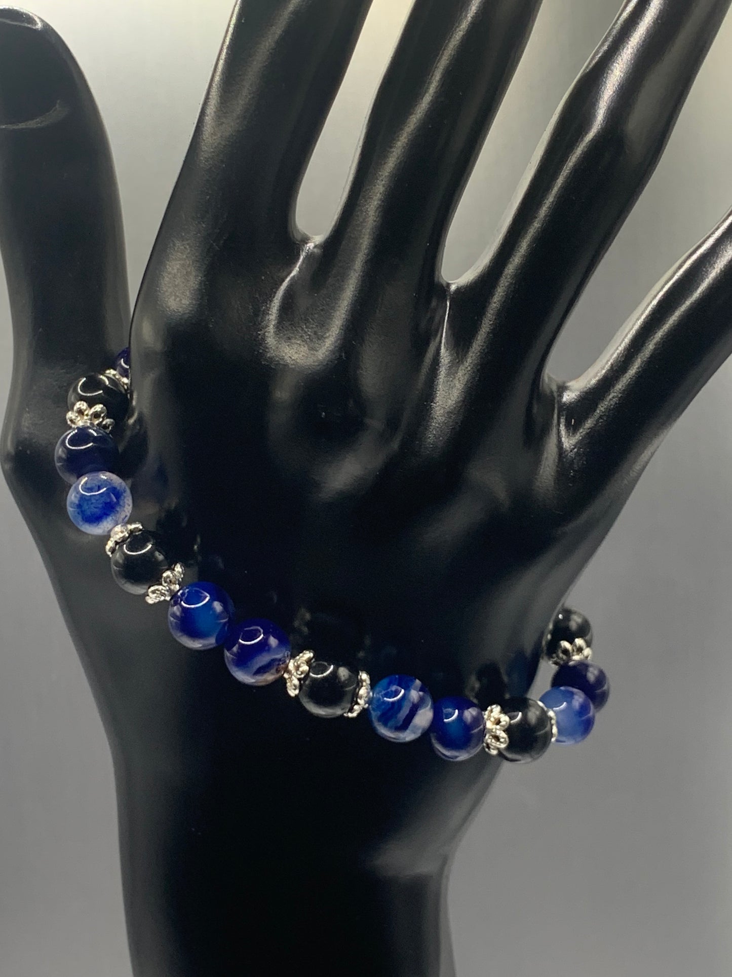 Black obsidian with blue lace agate semi precious stone/crystal beaded elastic bracelet with silver plated flower bead caps
